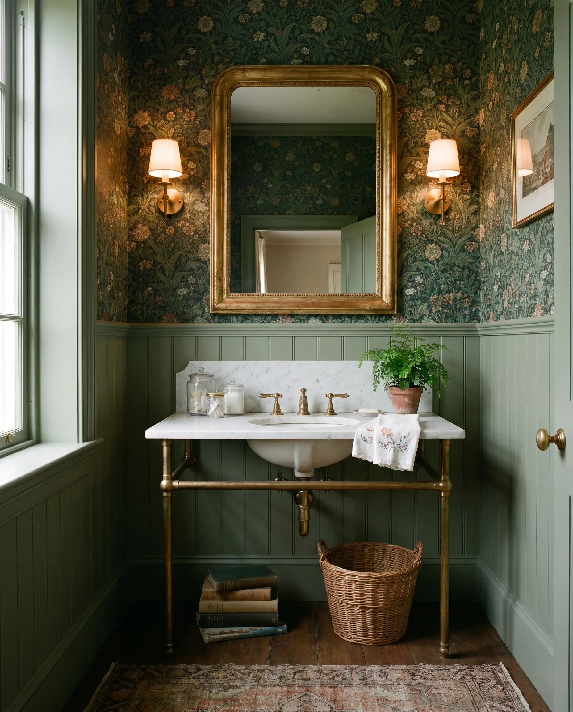 A powder room pairs classic sage green wainscoting with heavily patterned botanical wallpaper, an unlacquered brass widespread faucet, a vintage gilt mirror, and a marble washstand.