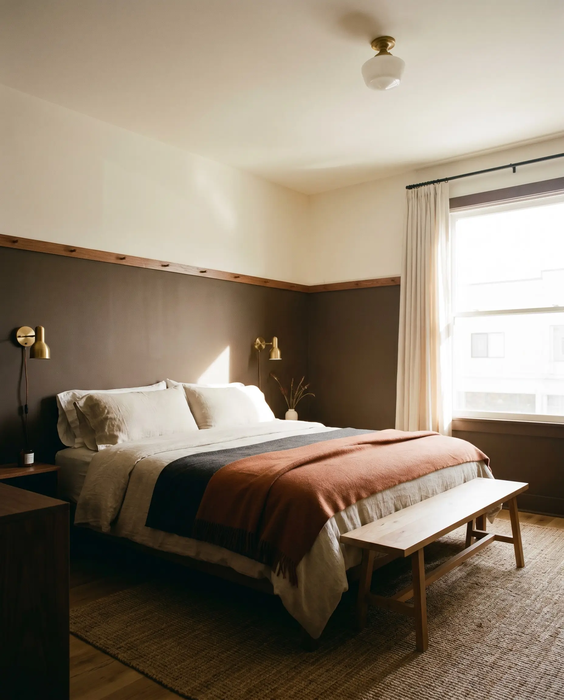 A bed wrapped in cozy linens and plug-in brass sconces sits against a wall featuring dark earthy neutral paint on the lower two-thirds beneath a picture rail.