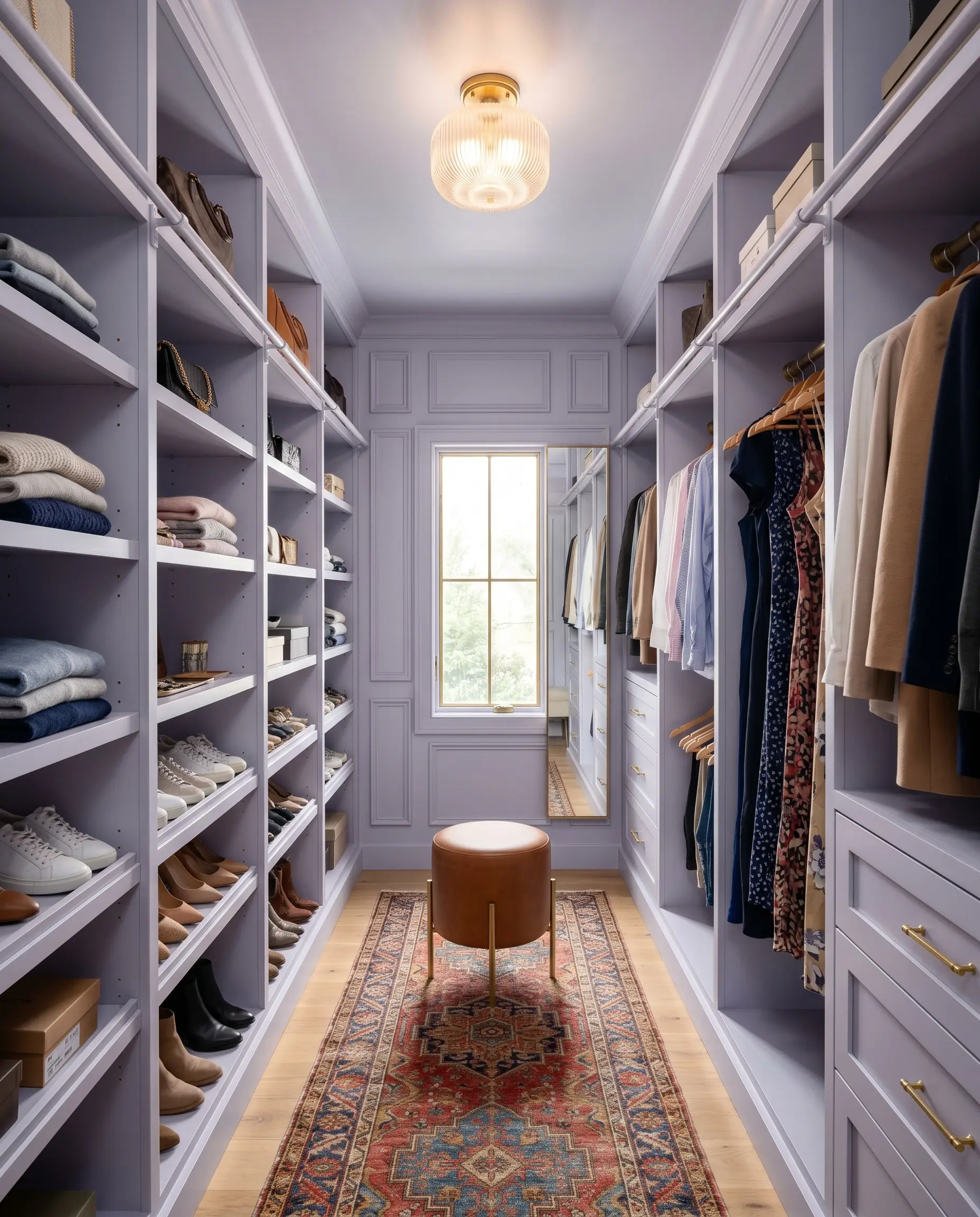 A boutique-style walk-in closet features sophisticated lilac MDF shelving, a vintage runner rug, a saddle leather ottoman, and a fluted glass flush mount ceiling light.