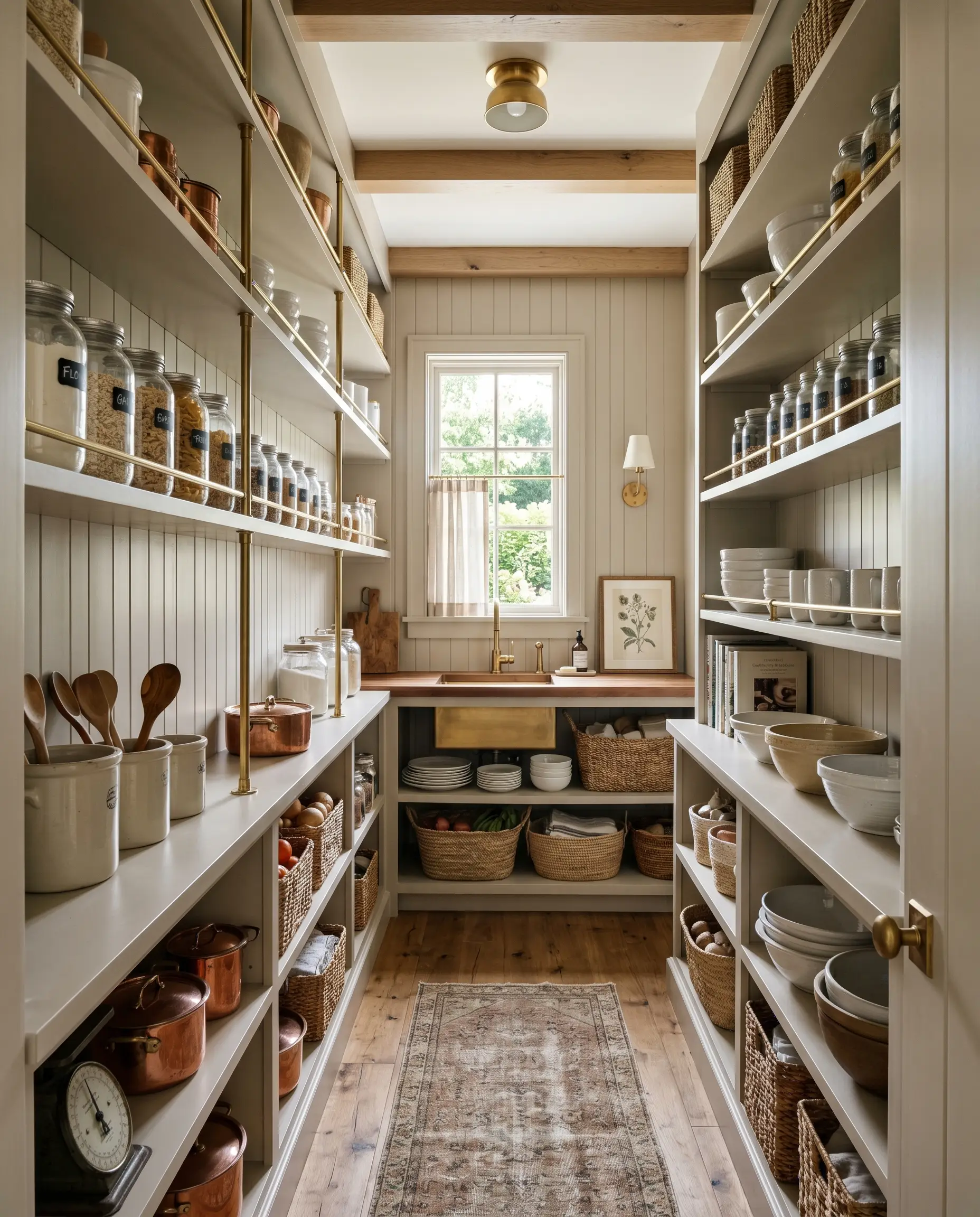 Everyday glass jars and white ceramic dishware line open shelving with a beadboard backing and simple unlacquered brass rail systems in a boutique scullery.
