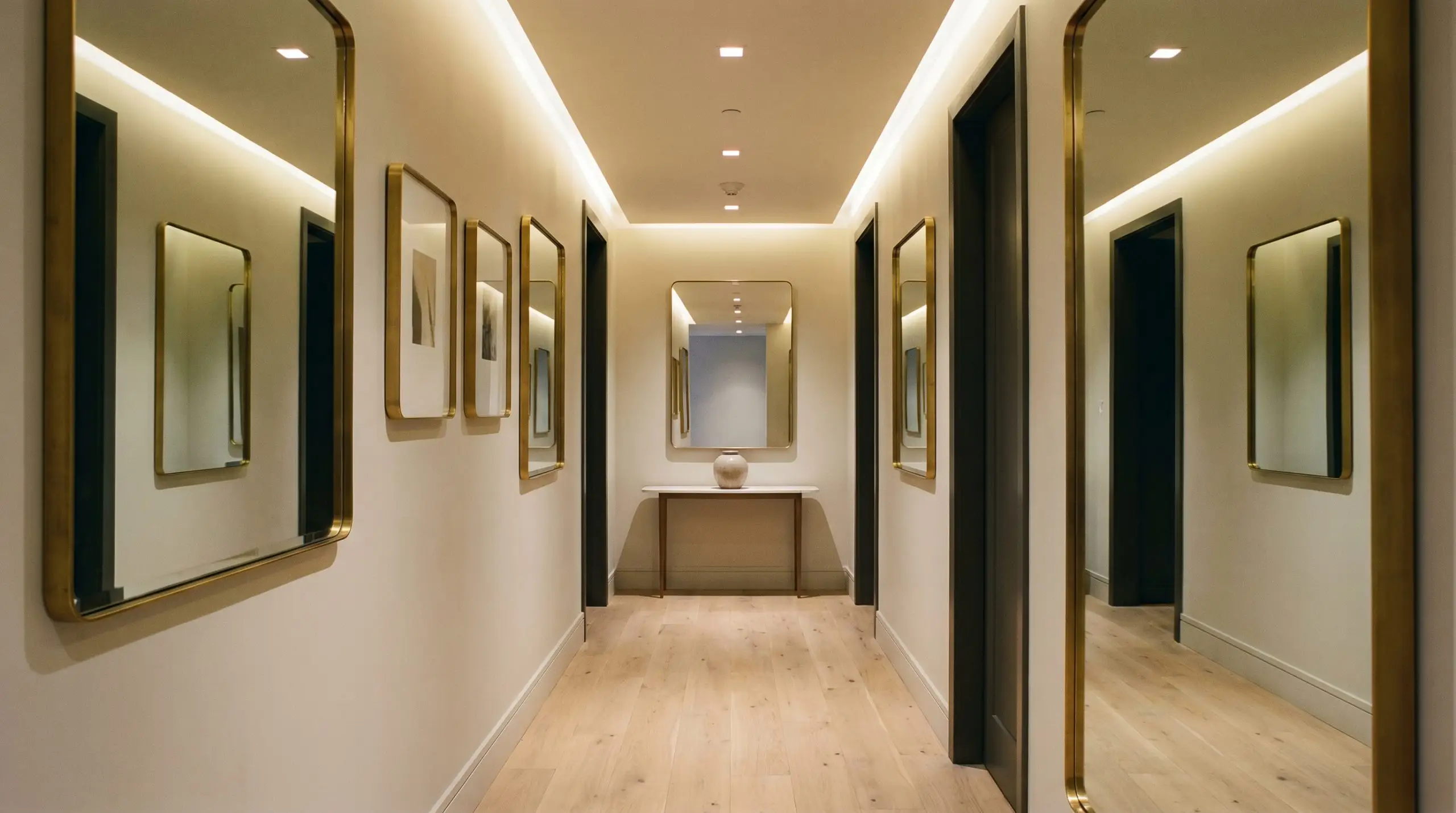 Generously sized brass-framed mirrors hang along a narrow transitional hallway painted in Classic Gray OC-23, reflecting ambient light over wide-plank white oak flooring.