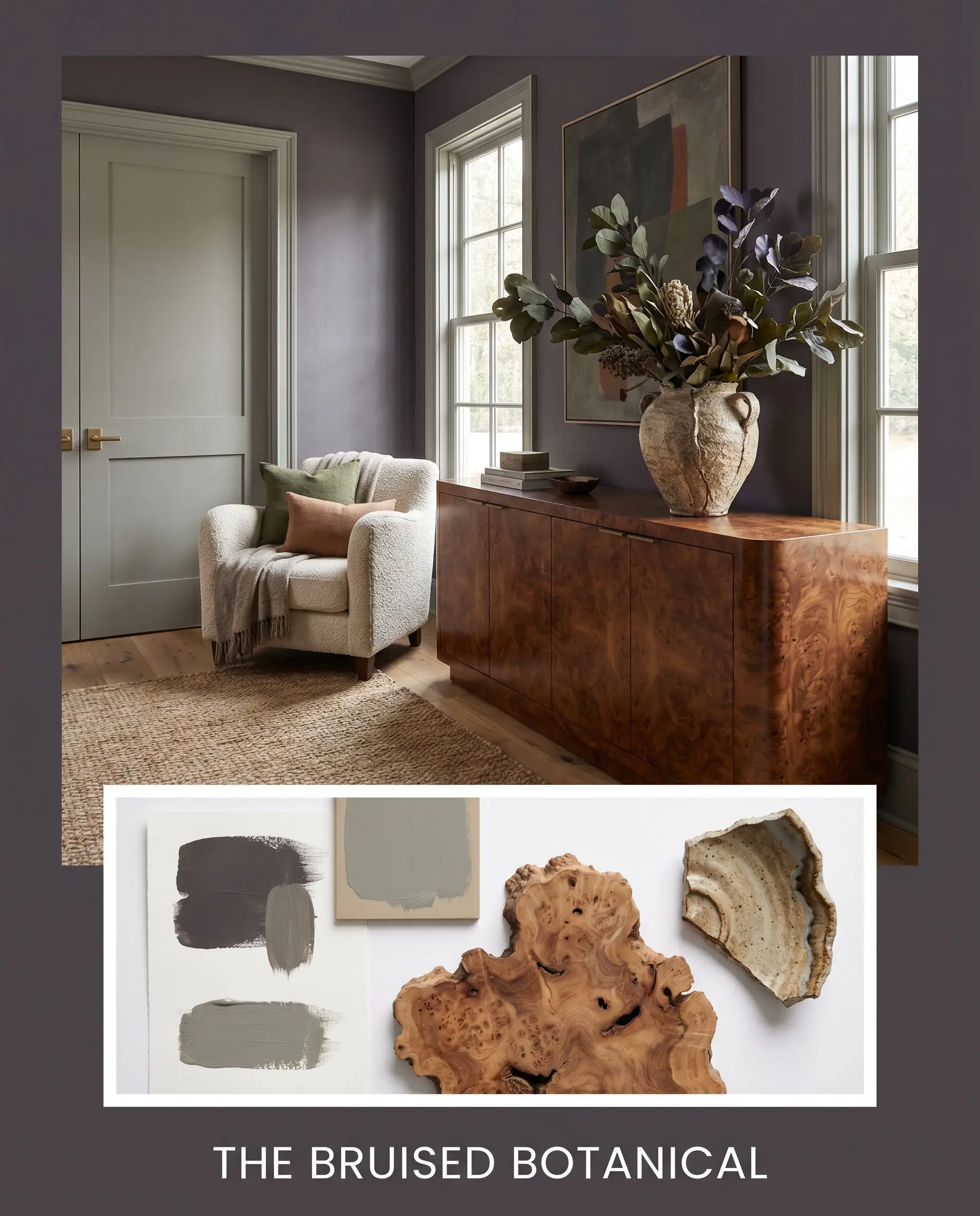 A modern organic editorial layout features a dark red-based black room with a rich burl wood credenza above a flat-lay containing textured ceramic shards.