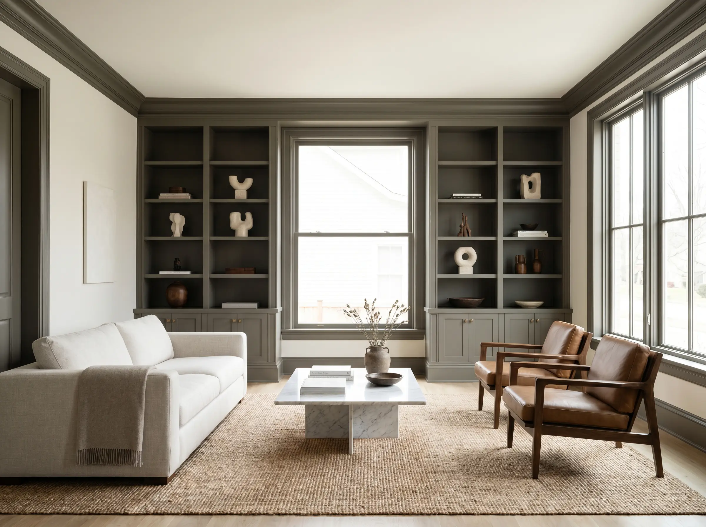 Sophisticated built-in bookshelves, crown molding, and baseboards painted in Benjamin Moore Deep Creek (Hex #6B655B) frame creamy walls and display matte travertine sculptures.