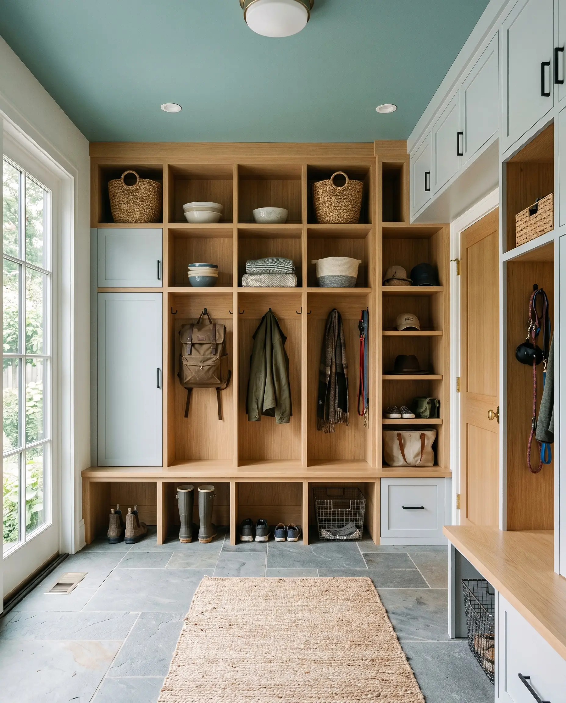 White built-in cubbies line the walls of a high-end utilitarian mudroom capped by a striking ceiling painted in Benjamin Moore St. Lucia Teal.