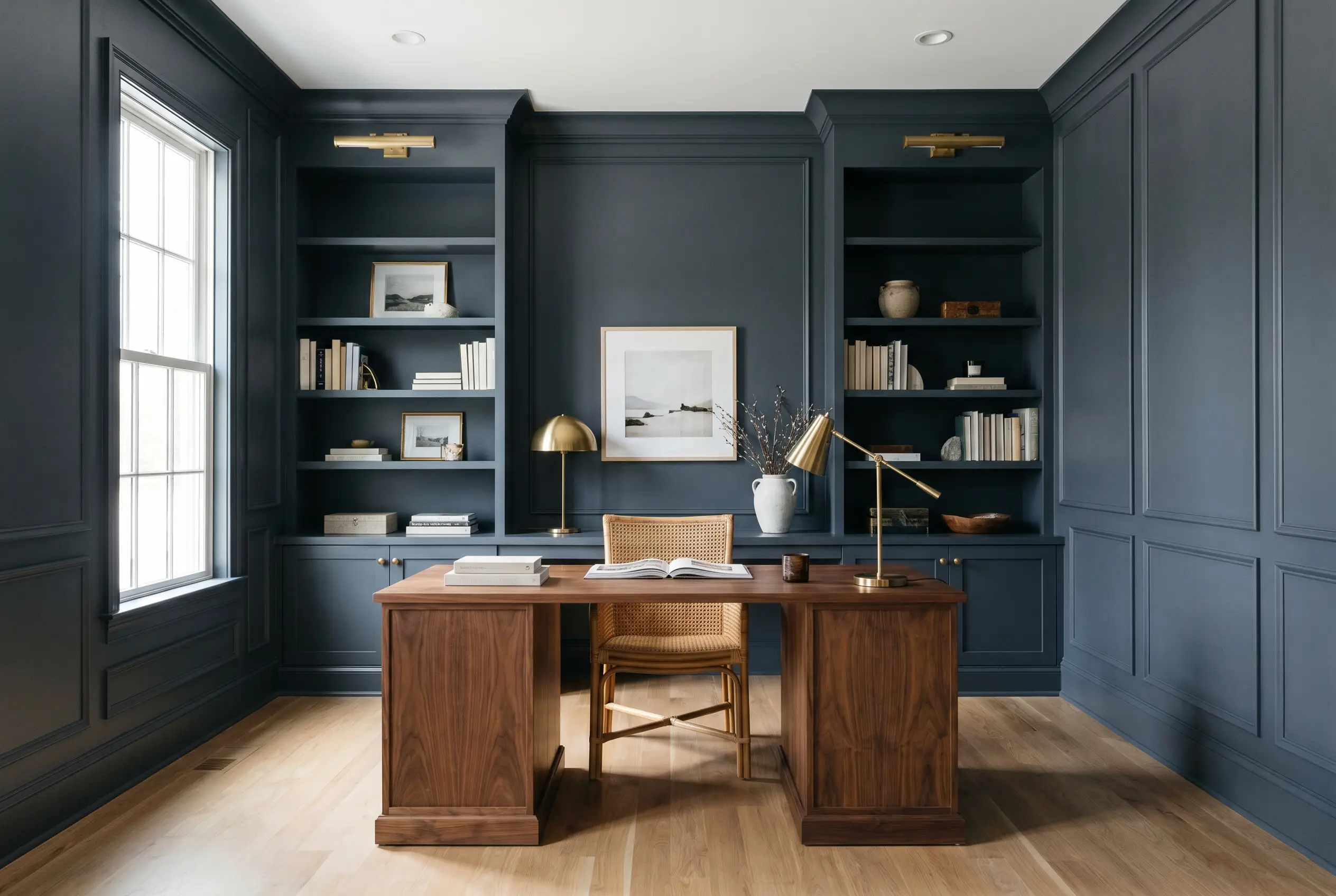 A sophisticated home office features built-in MDF bookcases and walls coated in Behr Midnight Blue (Hex #4c565e), surrounding a walnut desk and woven rattan chair.