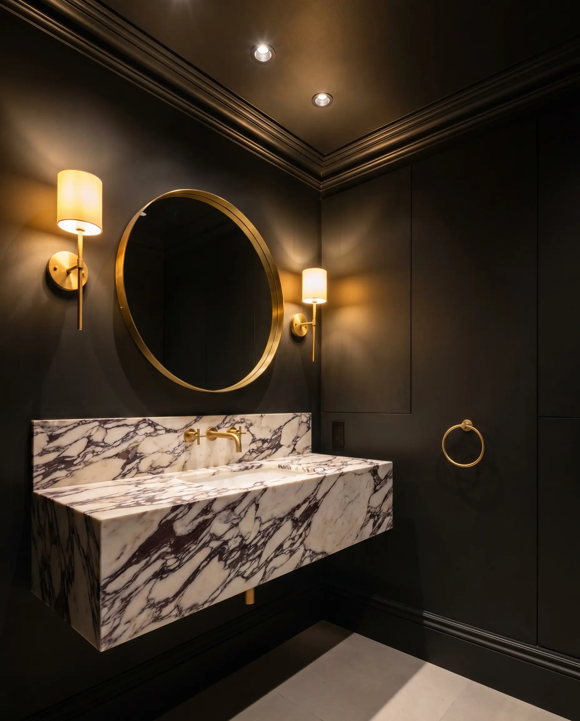 A jewel-box powder room features walls color-drenched in Farrow & Ball Paean Black (Hex #484348) contrasting a heavily veined Calacatta Viola marble floating vanity.