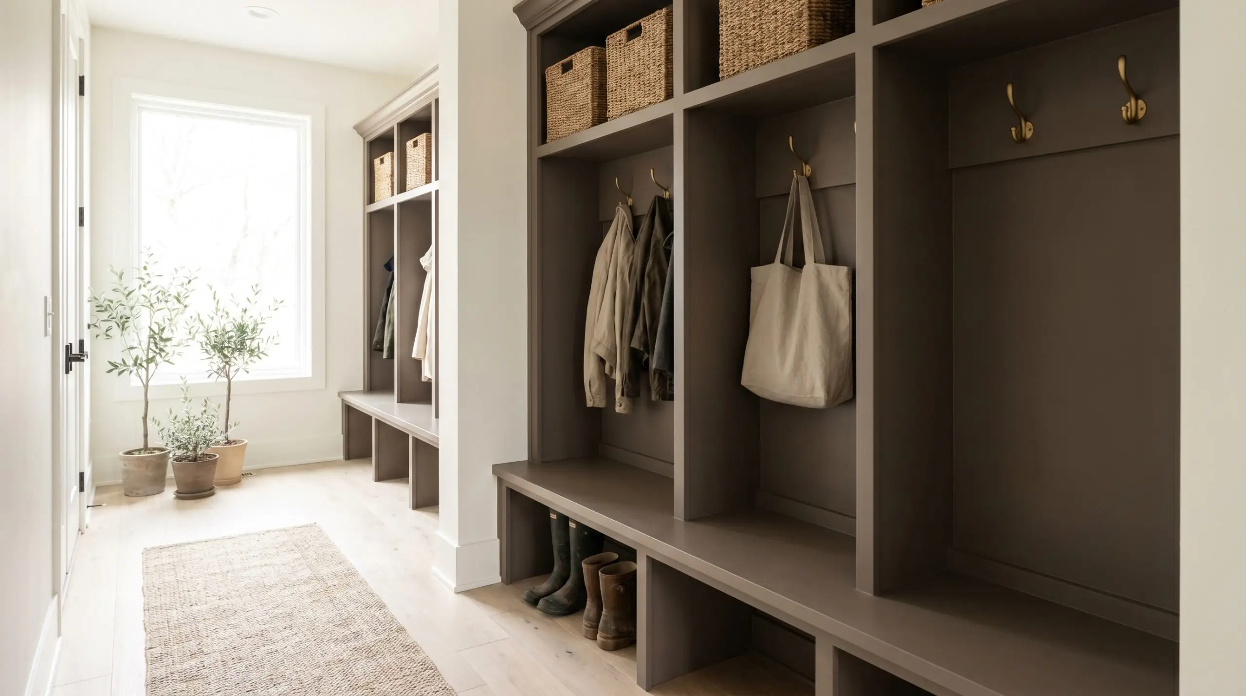 Built-in mudroom cubbies and a bench painted in an earthy neutral base contrast with soft white walls, bleached white oak flooring, and unlacquered brass coat hooks.
