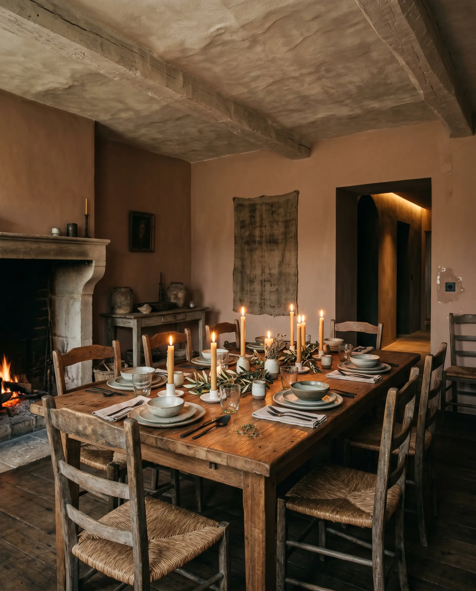 Half-melted beeswax candles and scattered olive branches decorate a solid reclaimed teak dining table surrounded by mushroom neutral walls and textured lime-wash ceilings.