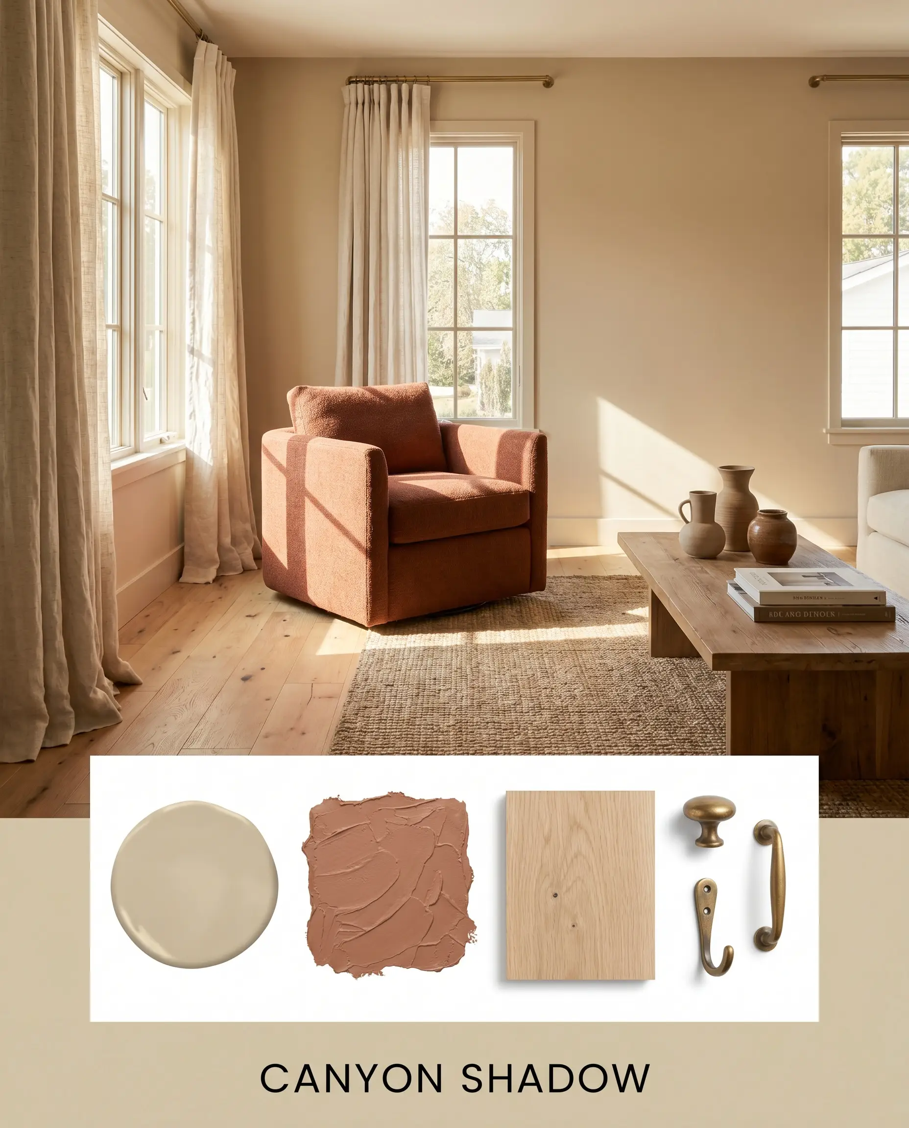A design mood board features a sun-baked living room with a terracotta chair, paired with an earthy neutral paint swatch, raw white oak, and brass hardware.