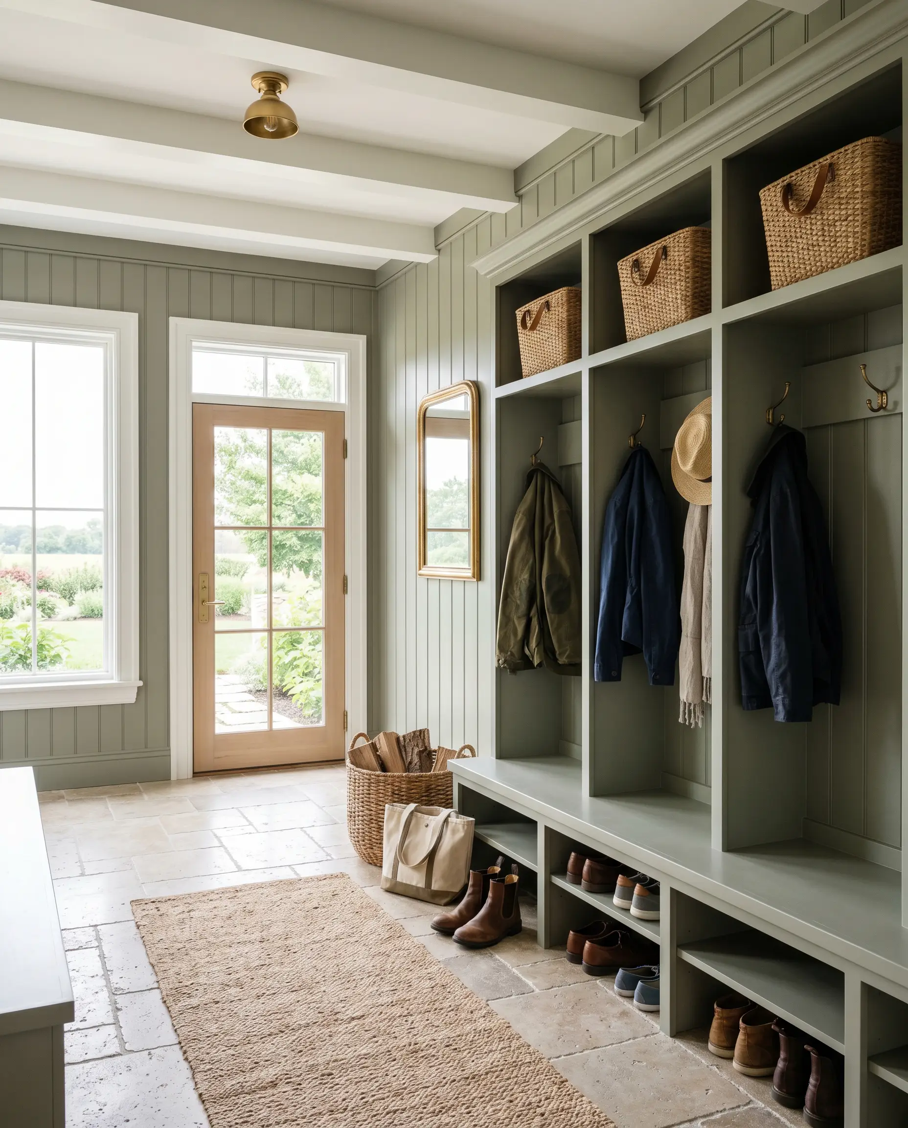 Beadboard walls and built-in storage lockers painted Farrow & Ball Card Room Green (Hex #878f81) provide practical organization above tumbled limestone floors and woven rattan baskets in a minimalist mudroom.