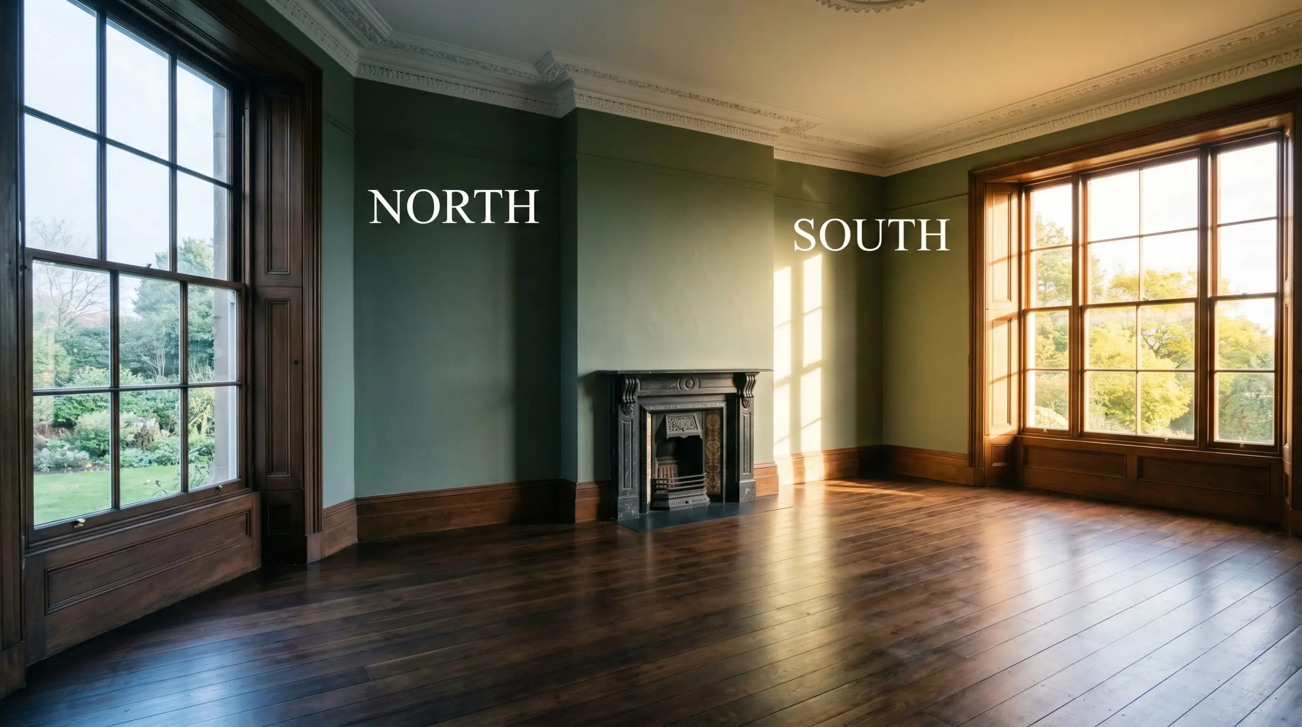 A continuous traditional living room painted Farrow & Ball Card Room Green (Hex #878f81) shifts from a flat, cool grey-green in North-facing daylight to a warm, earthy olive in South-facing sunlight.