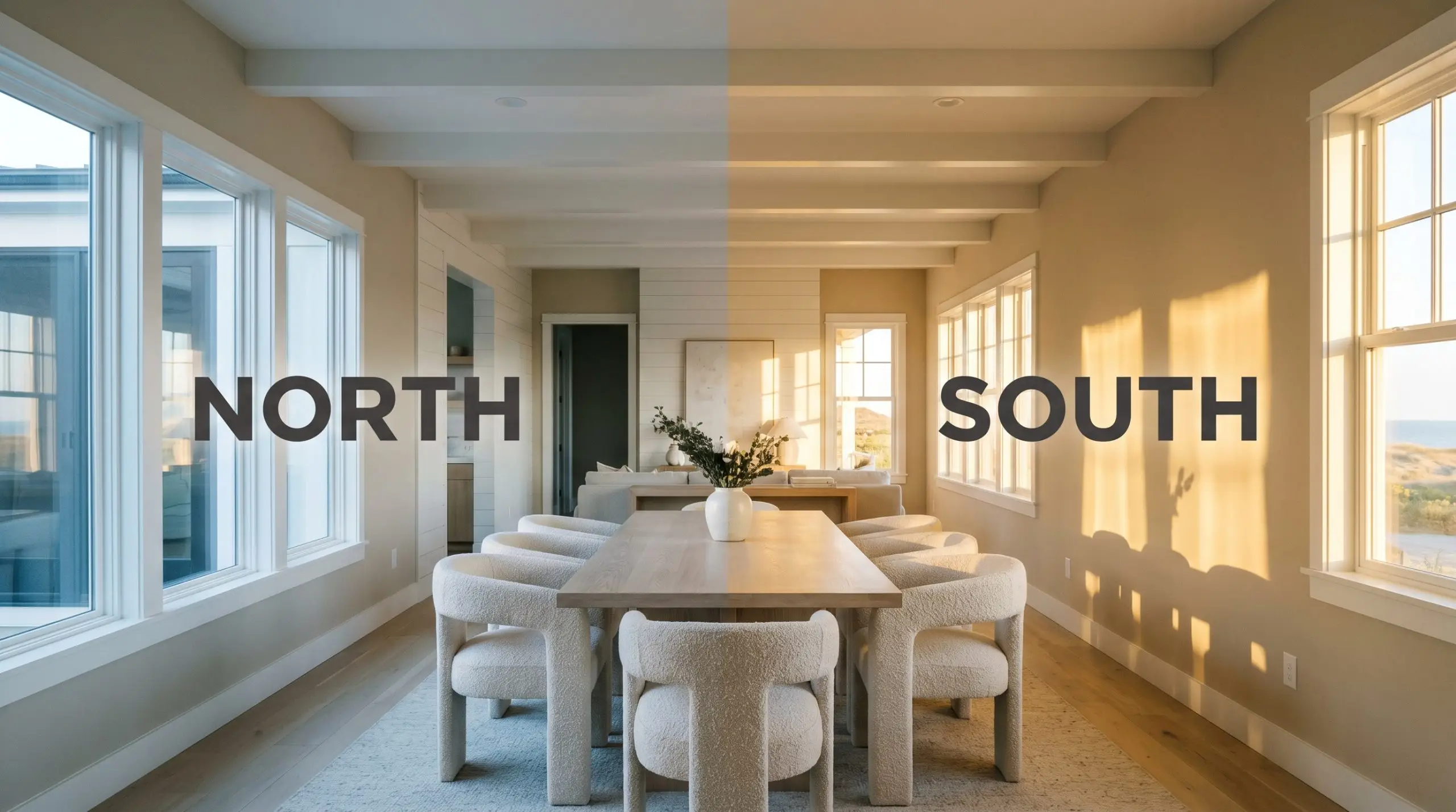 A continuous Casual Coastal dining room painted in PPG Dusty Trail (Hex #c9bba3) shifts from a flat earthy neutral in cool Northern light to golden beige in warm Southern exposure.