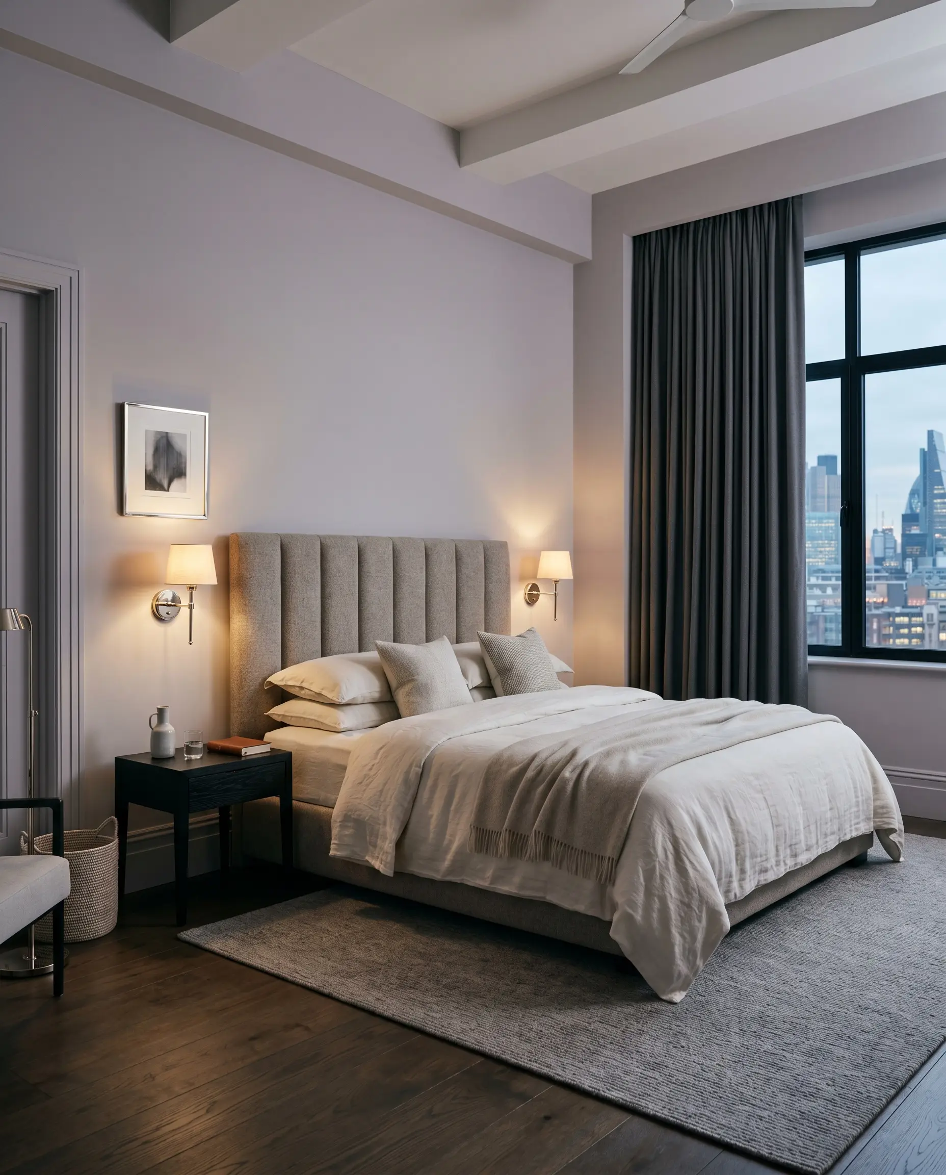 A channel-tufted headboard and sleek ebonized ash nightstand anchor a serene bedroom wrapped in a seamless cool-toned pastel architectural finish.