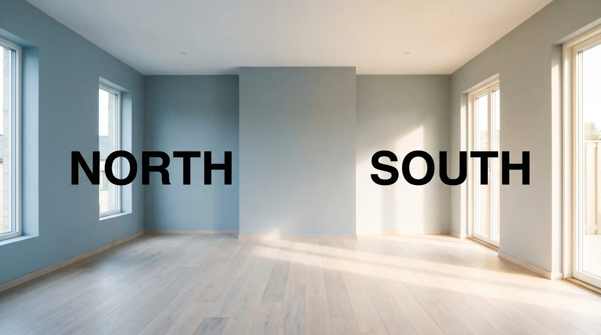 An empty living room painted in Dulux Mellow Flow (Hex #95A7B4) demonstrates chromatic shift, transitioning from moody shadows in cool Northern light to an uplifting glow in warm Southern exposure.
