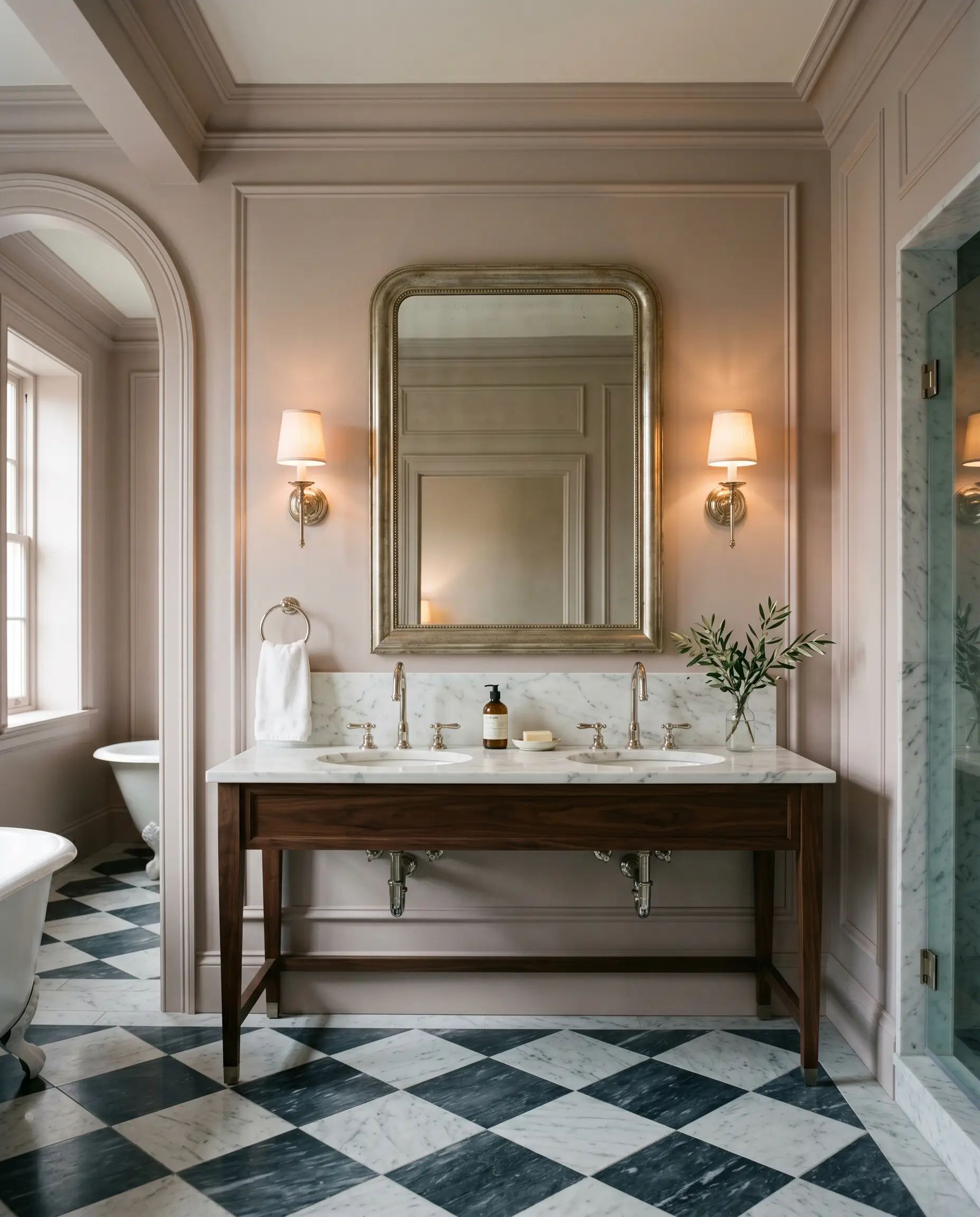 Classic checkerboard marble flooring and a polished nickel plumbing vanity stand out against the grey-pink matte walls of a spa-like historic luxury bathroom.