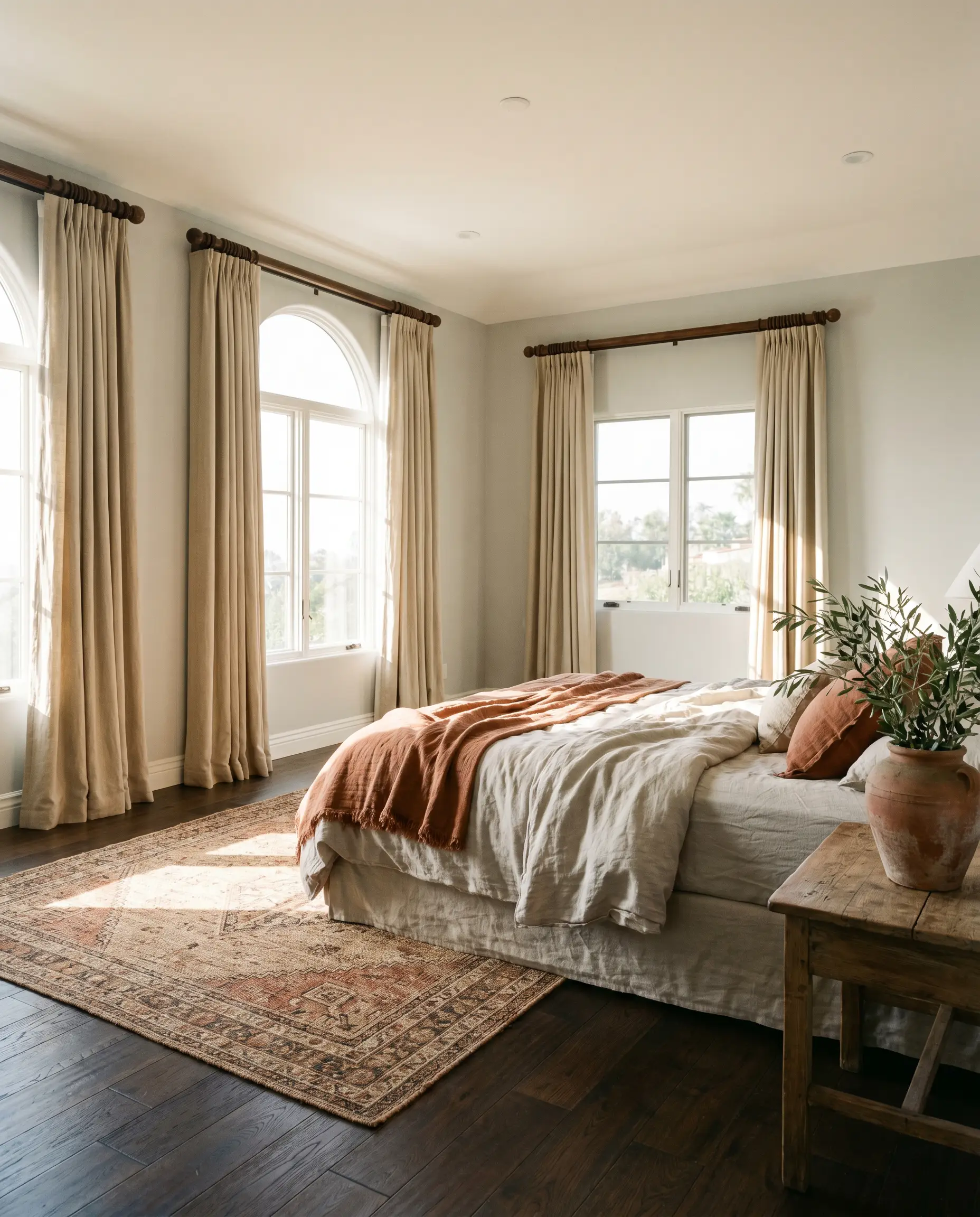 Heavy textured linen drapery and dark-stained hardwood floors anchor a breezy primary bedroom painted in Benjamin Moore Classic Gray (Hex #E3E0D7).
