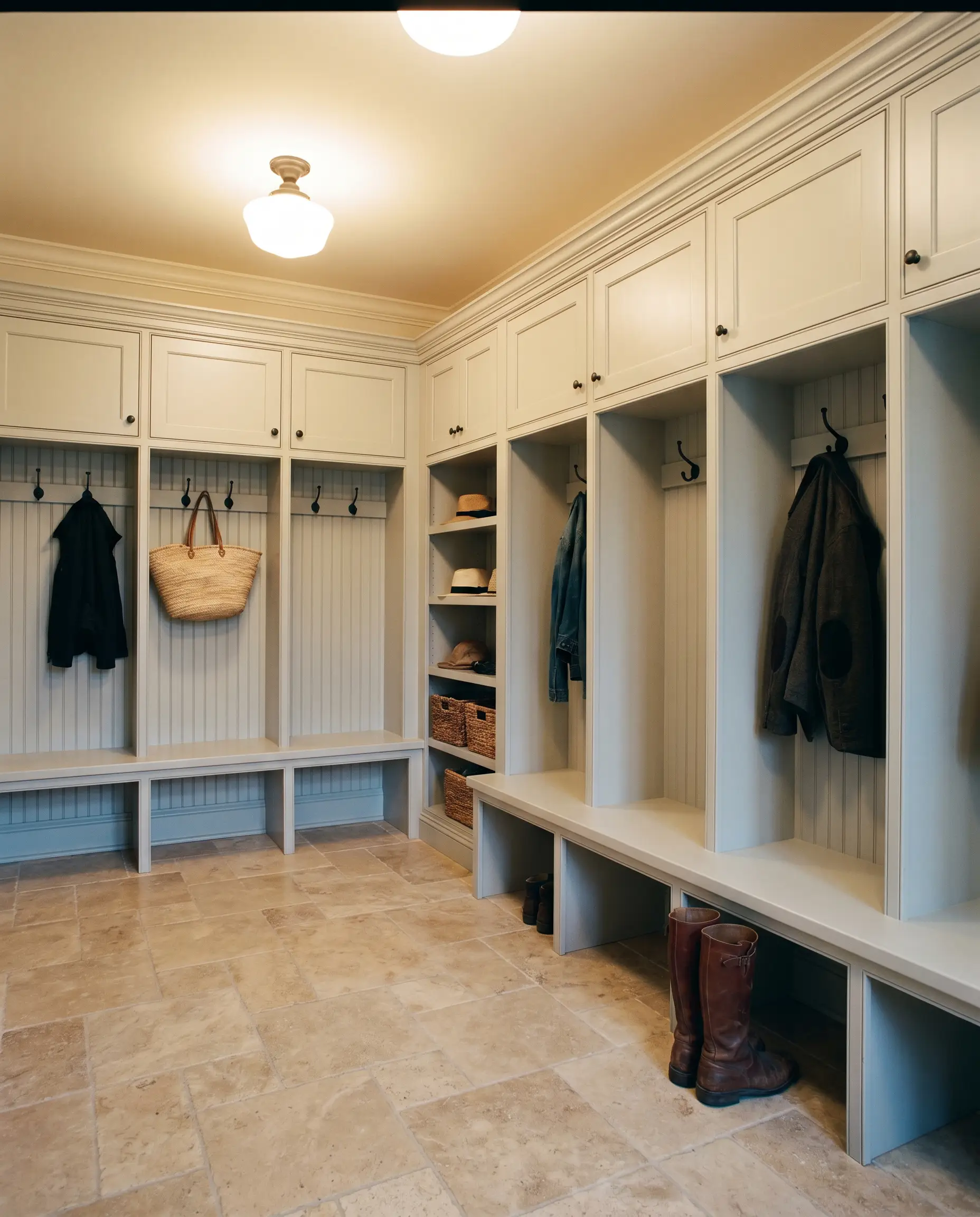 Custom mudroom lockers and beadboard paneling painted in a subtle warmth greige feature matte black iron hooks and sit above tumbled travertine flooring.