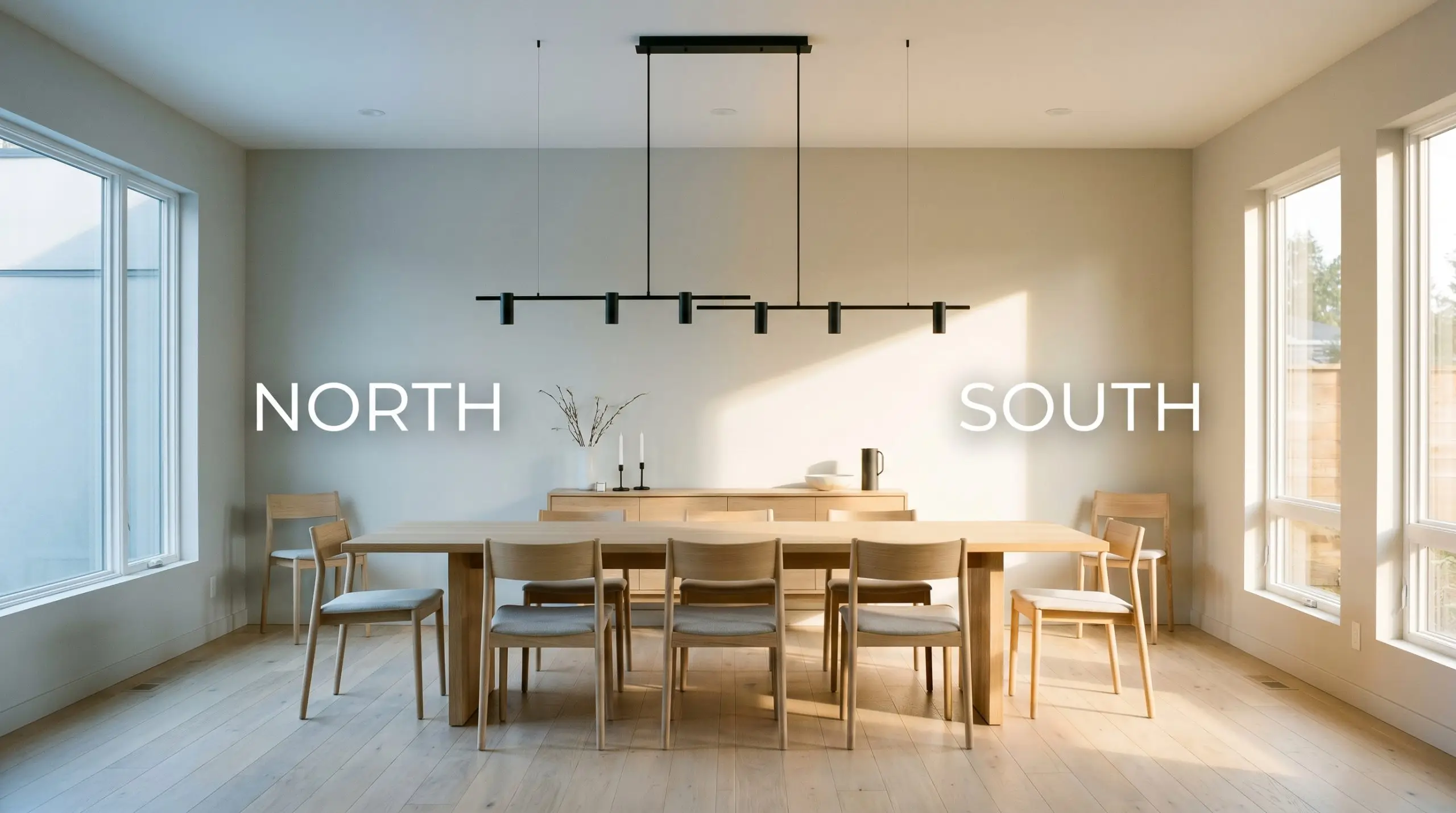 A continuous sleek dining room painted in Benjamin Moore Classic Gray (Hex #E3E0D7) shifts from cool indirect northern light to bright warm southern sunshine.