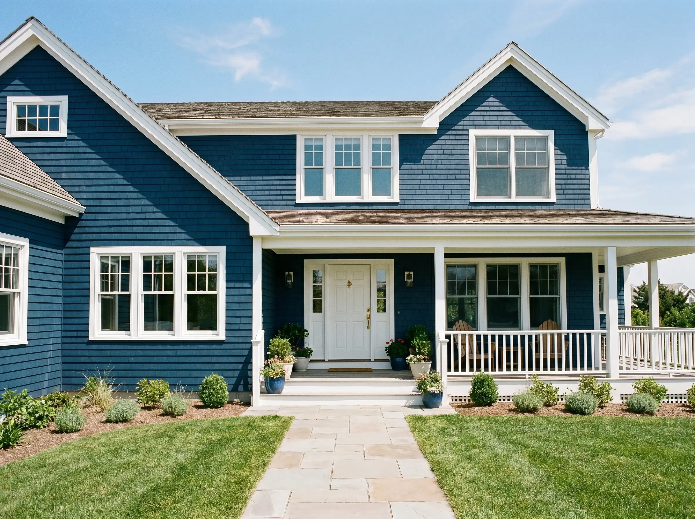 A natural stone pathway leads to a classic home exterior featuring siding painted in Benjamin Moore Polo Blue (Hex #333b44) with crisp white trim.