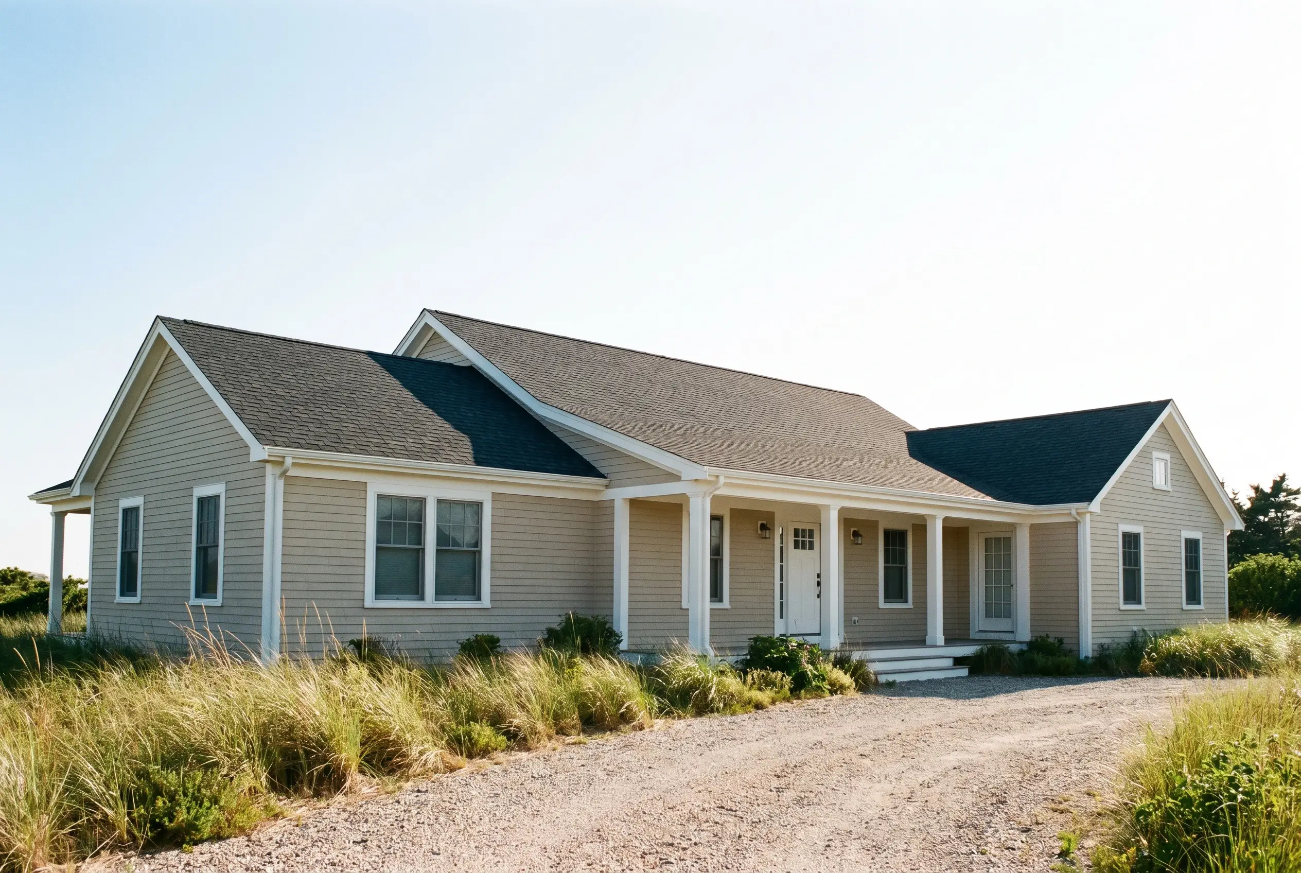 Crisp white trim and a deep charcoal-toned roof contrast beautifully against classic ranch-style home exterior siding painted in a warm mushroom beige tone.