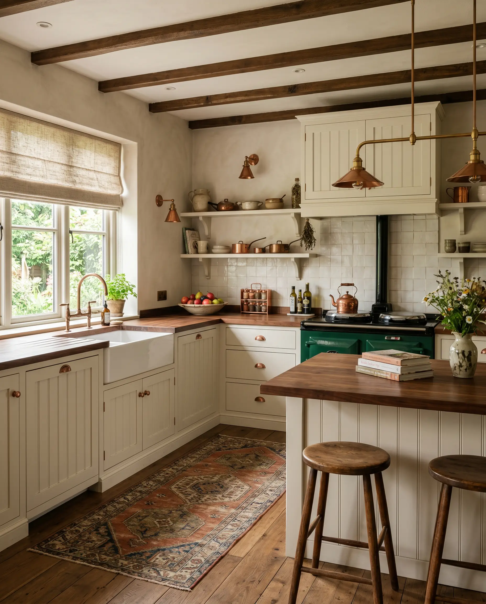 Upper and lower creamy off-white cabinetry surround rich walnut butcher block counters, unlacquered copper fixtures, and an earthy vintage runner rug.