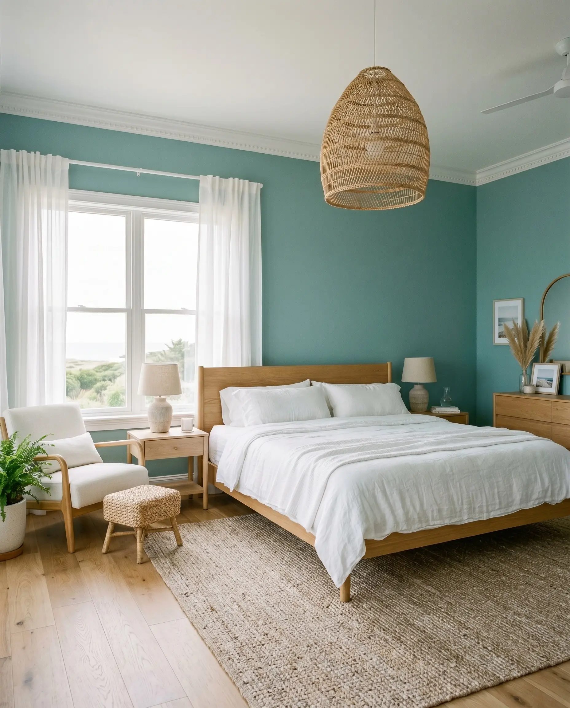 Crisp white linens and a natural rattan pendant light center a breezy coastal bedroom wrapped in Benjamin Moore St. Lucia Teal (Hex #94B8AF) walls.