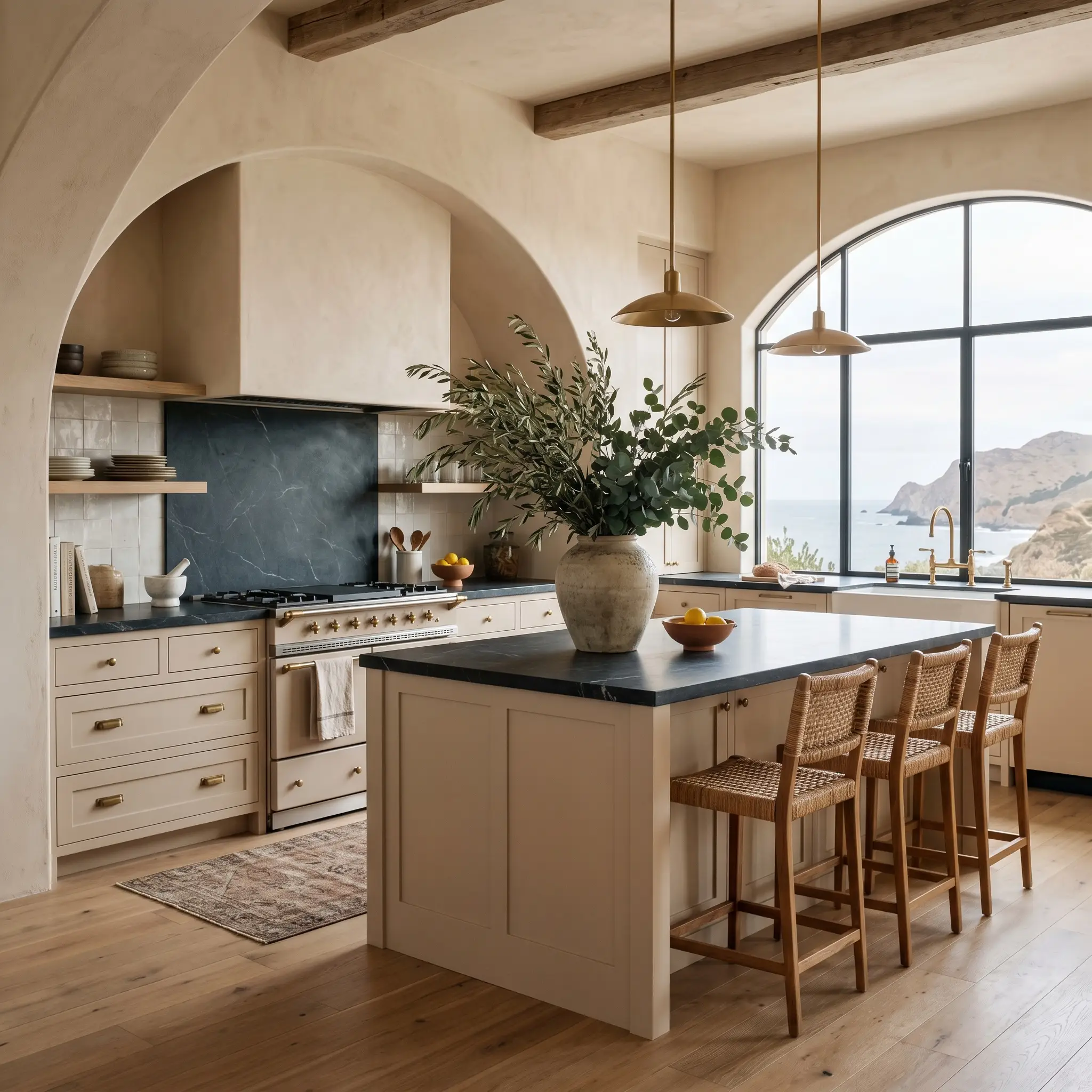 A sophisticated coastal kitchen features sun-baked beige cabinetry, dark honed soapstone countertops, wide-plank white oak flooring, and oversized foraged branches.