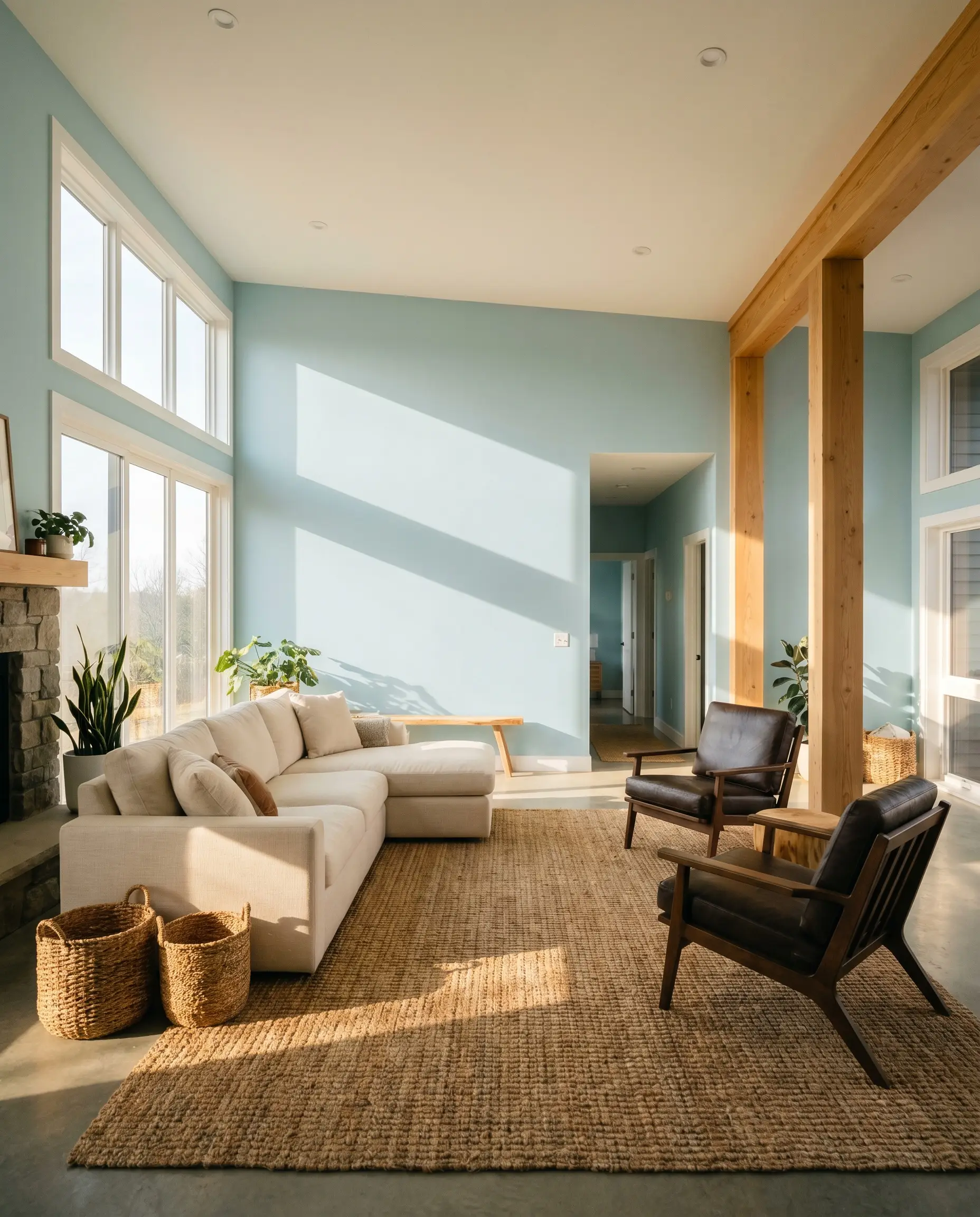 A plush cream sofa and dark contrasting accent chairs sit atop a chunky jute rug within a relaxed coastal lounge featuring airy blue walls.