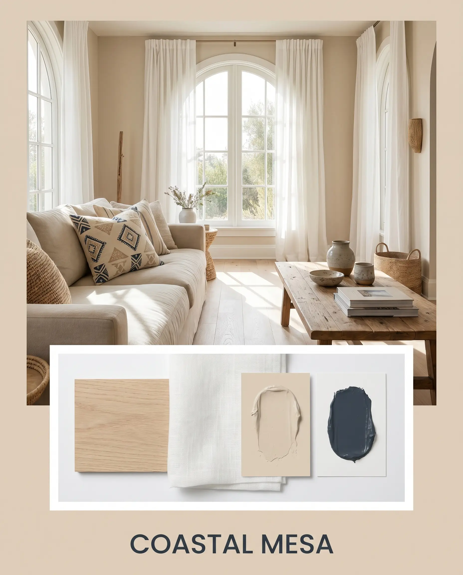 An editorial flat-lay pairs a swatch of bleached oak and sheer white linen fabric with a thick paint application of PPG Sourdough and navy blue accents.
