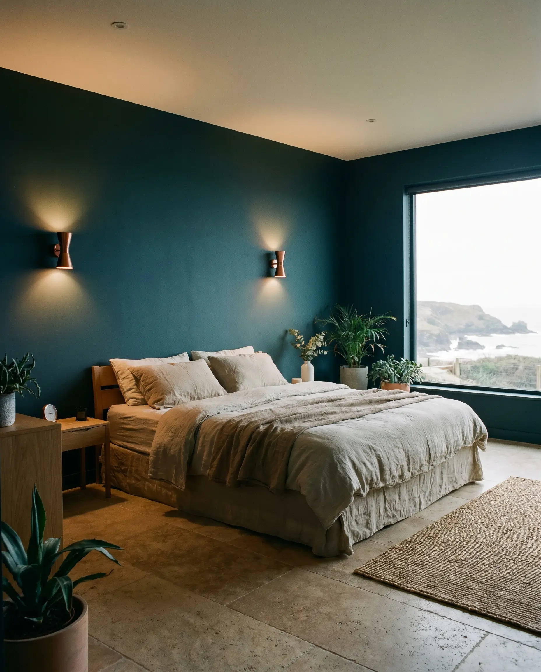 Soft organic linen bedding rests on tumbled travertine flooring in a restful coastal modern bedroom painted in Dulux Slow Swing (Hex #2C3241).