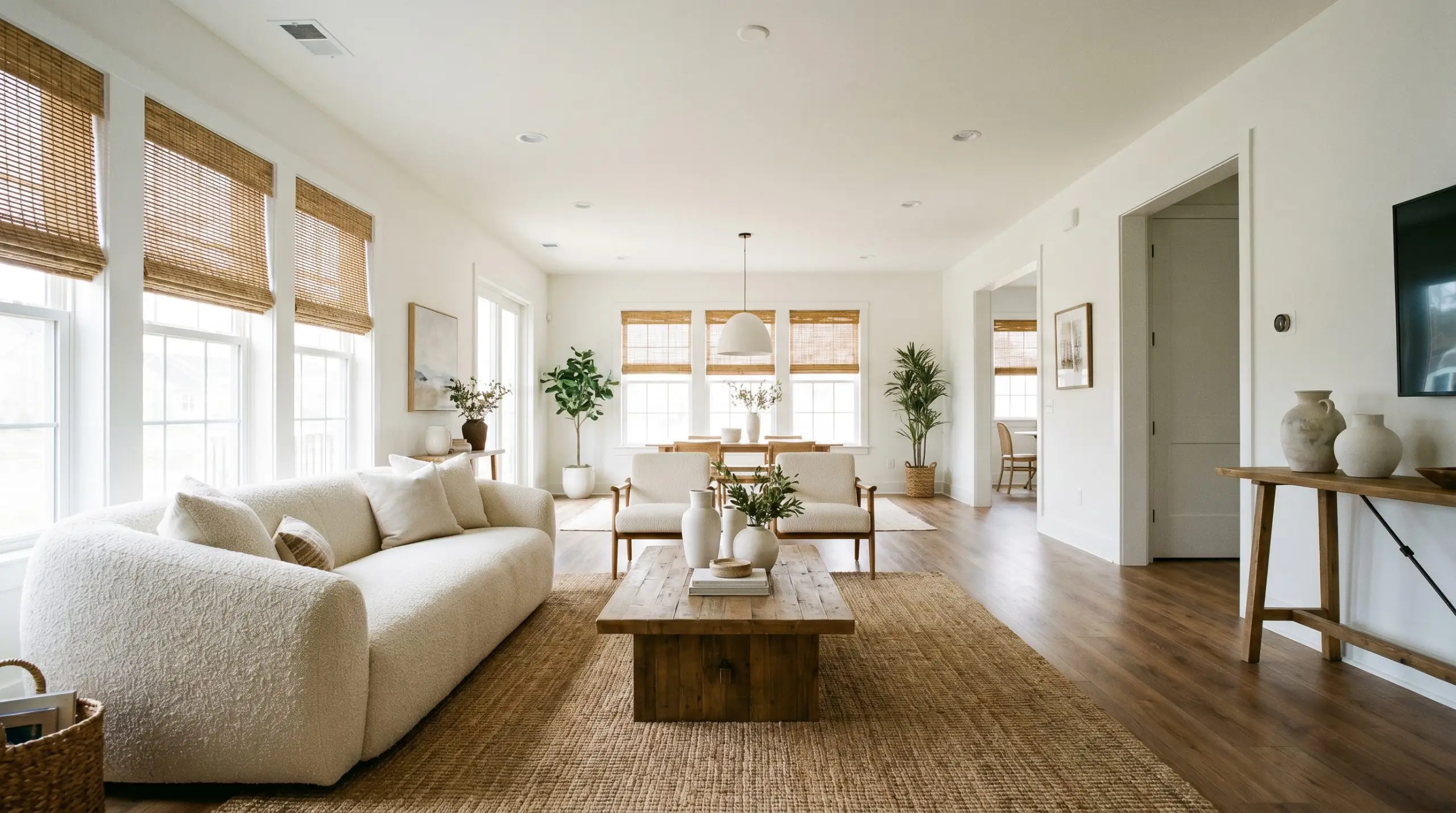 A deeply textured boucle sofa and woven rattan window shades anchor an expansive open-concept living area with luminous warm off-white walls and wood flooring.