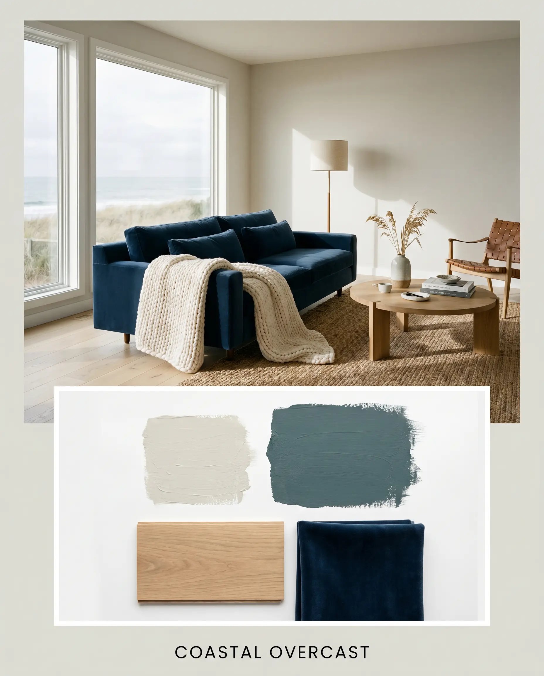 A coastal luxury mood board showcases a living room painted in Benjamin Moore Classic Gray alongside physical samples of white oak wood and navy velvet.