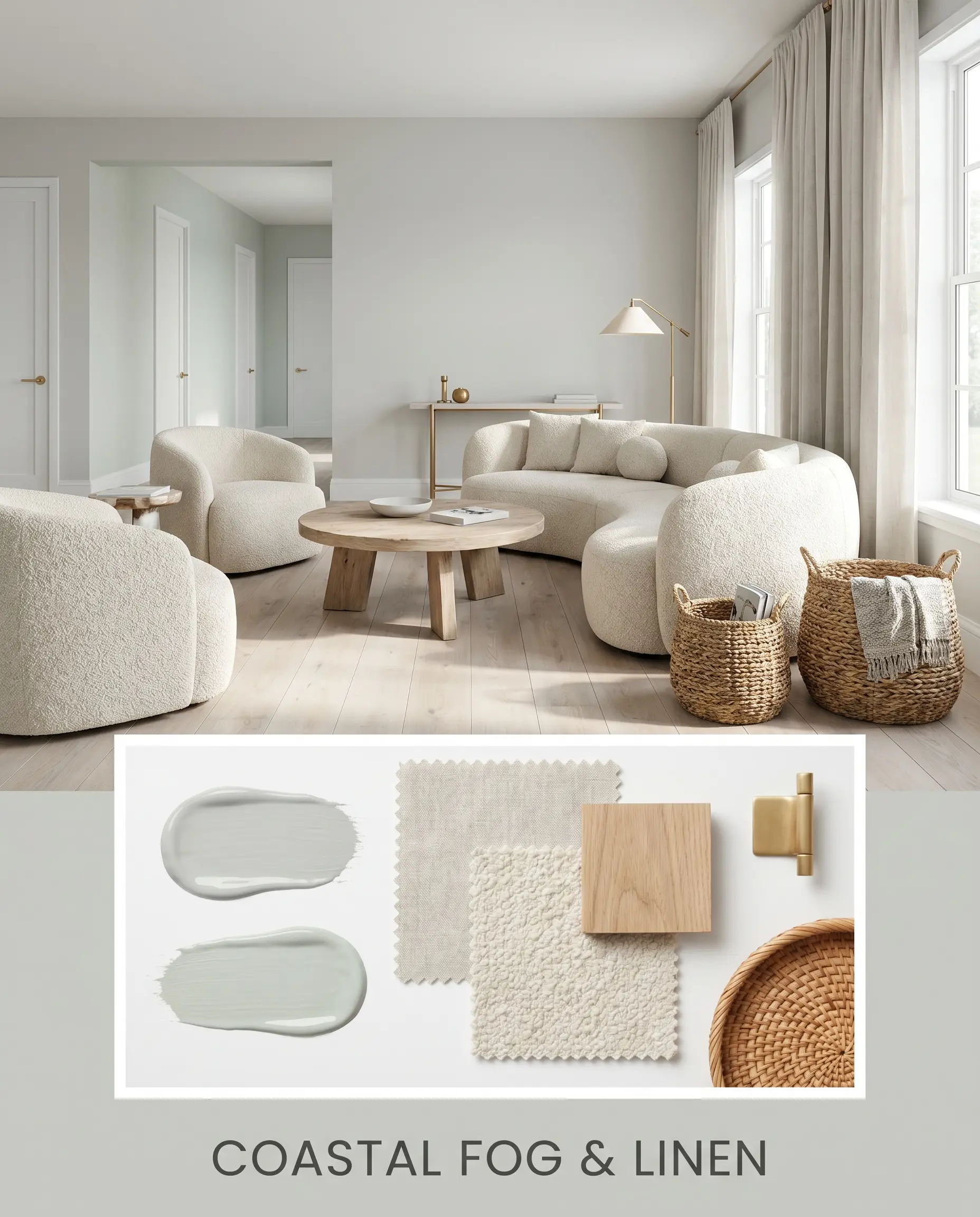 Expansive washed linen drapery and nubby bouclé seating define a coastal serene living space displayed above a curated flat-lay of rattan and brass samples.