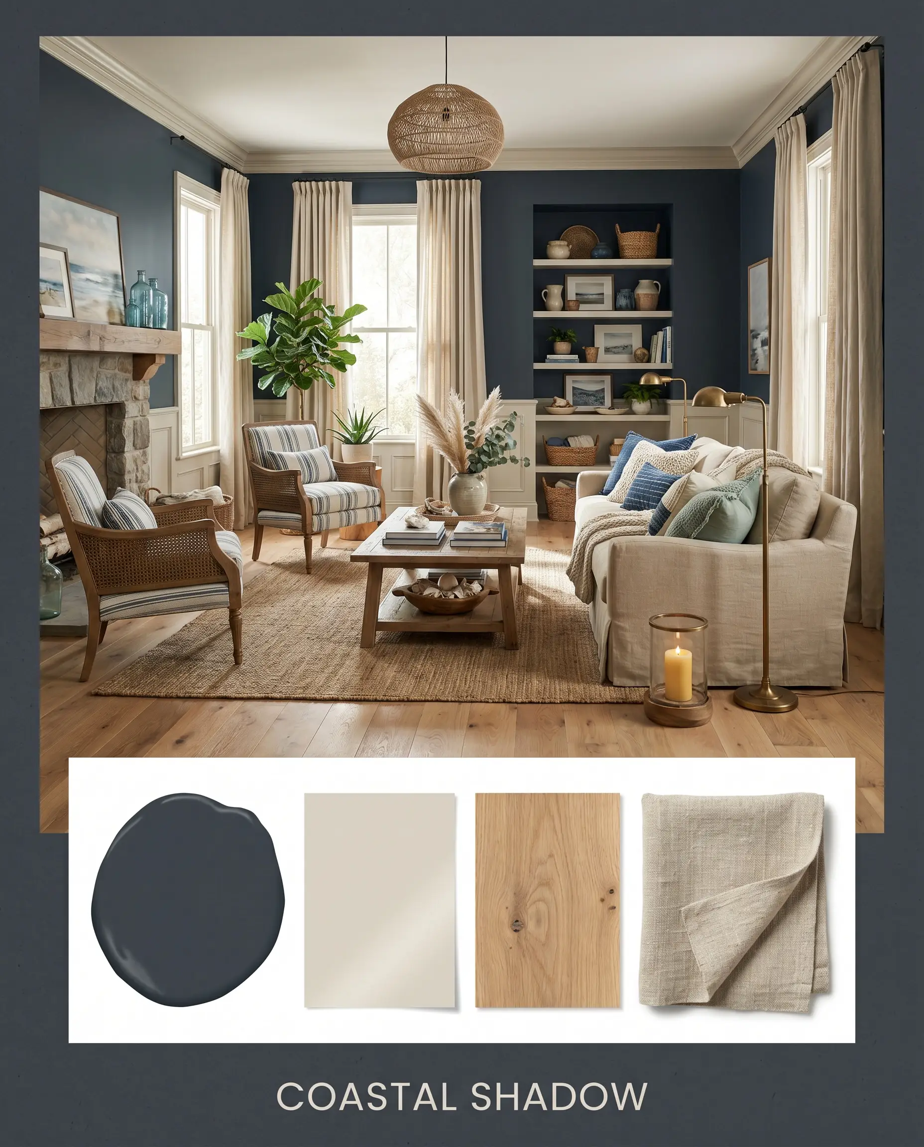 A relaxed coastal living room painted in a moody slate blue sits above a material flat-lay of natural white oak and heavy linen fabric.