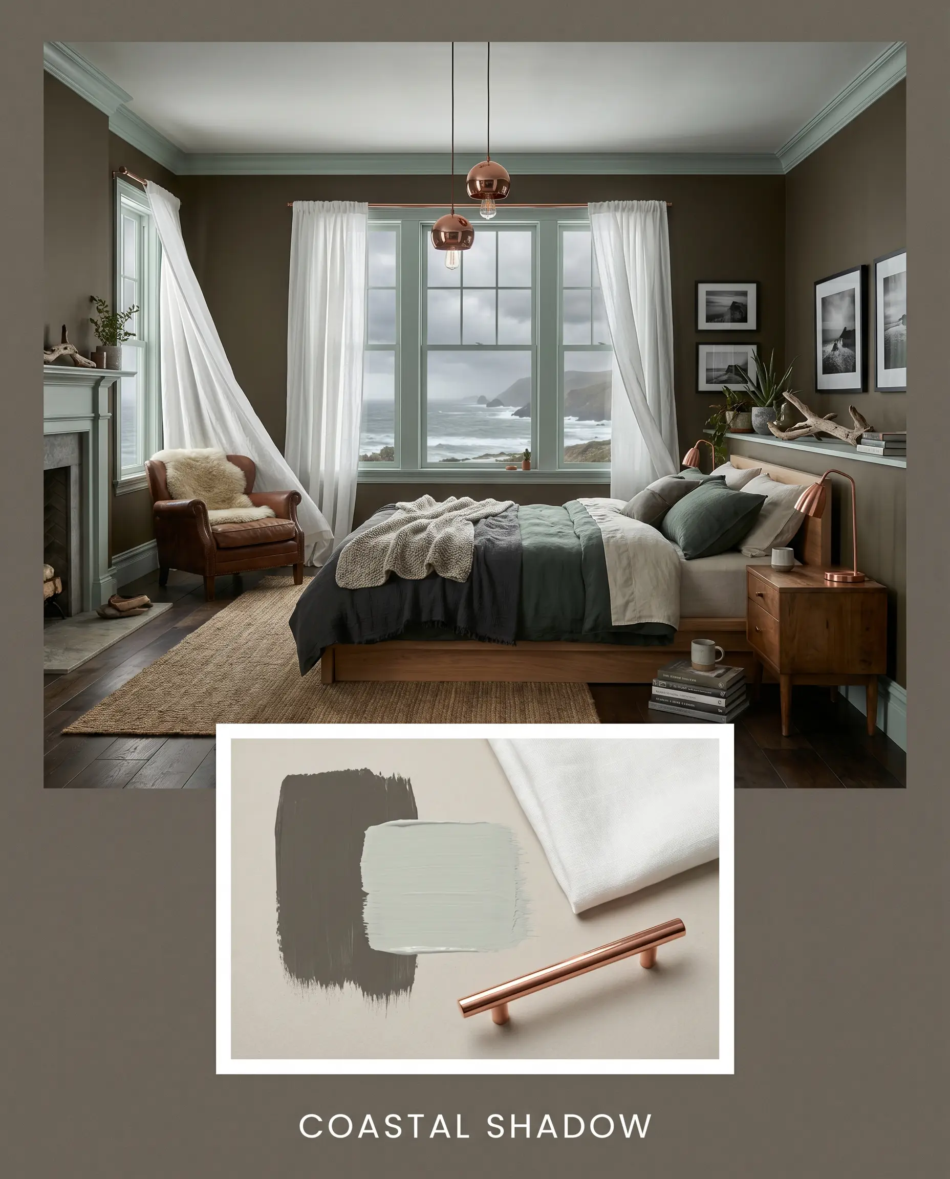 A moody coastal bedroom showcasing dark mushroom brown walls and crisp white linen curtains sits above a material flat-lay with polished copper hardware.