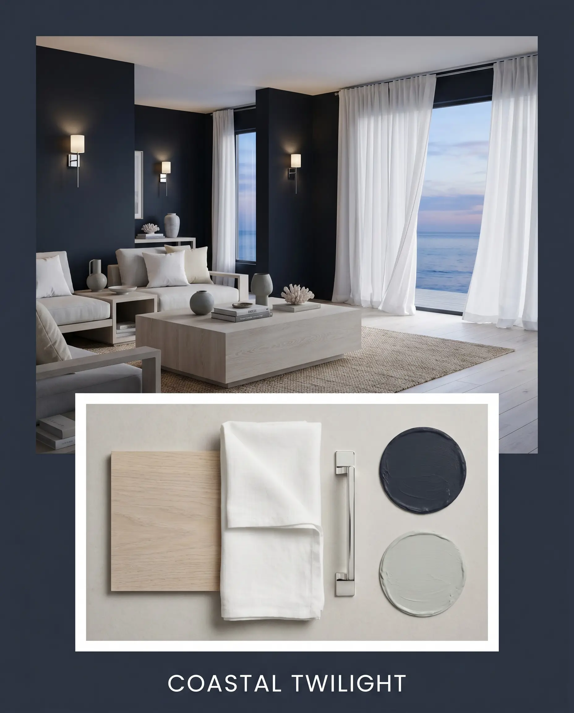 A serene coastal living space concept board displays crisp white linen drapery, a bleached oak coffee table, and cool-toned dark navy wall textures.