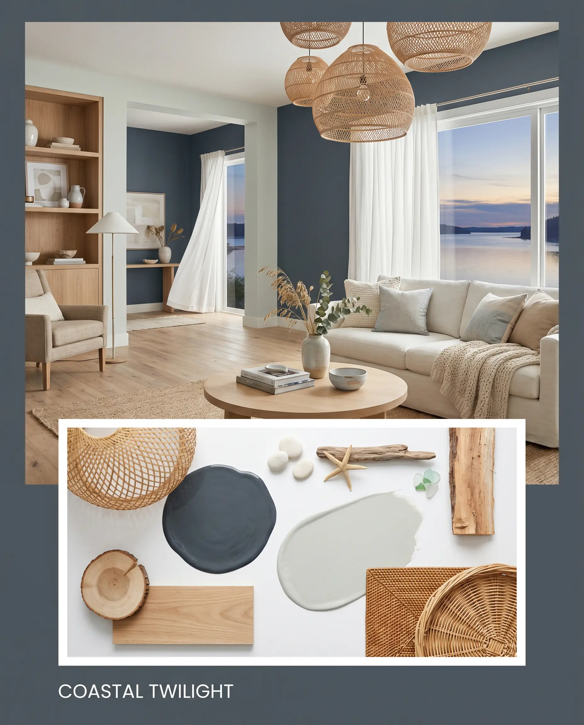 An editorial concept board features a relaxed waterfront living room with woven rattan pendants, paired with a flat-lay of dark navy paint, light oak wood, and rattan materials.