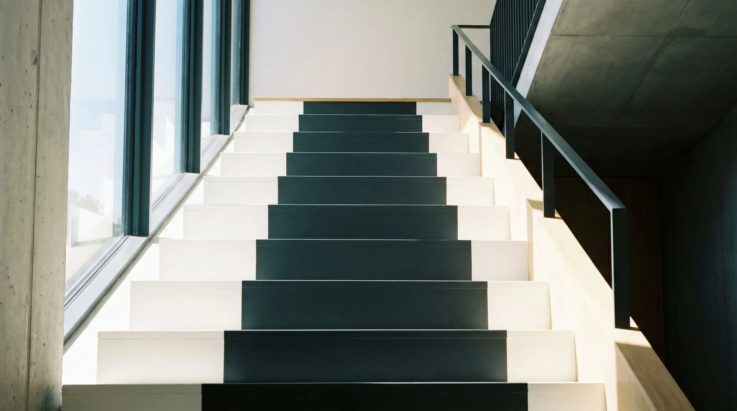 Brilliant white outer stair treads are bisected by a striking deep charcoal stripe painted directly down the center of a tailored architectural staircase.