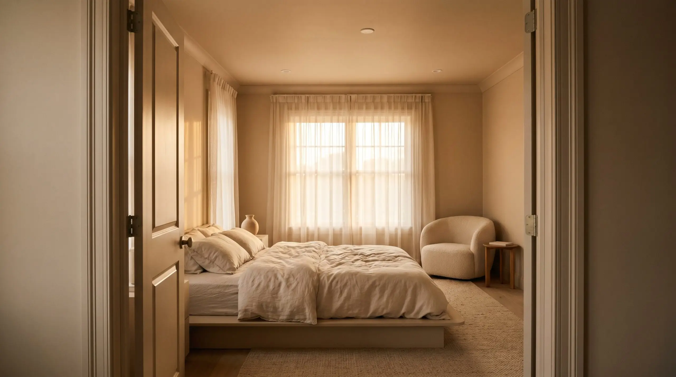 A low-profile bed dressed in muted ivory washed linen sits inside an intimate bedroom featuring a velvety mid-tone neutral color drench across walls and trim.
