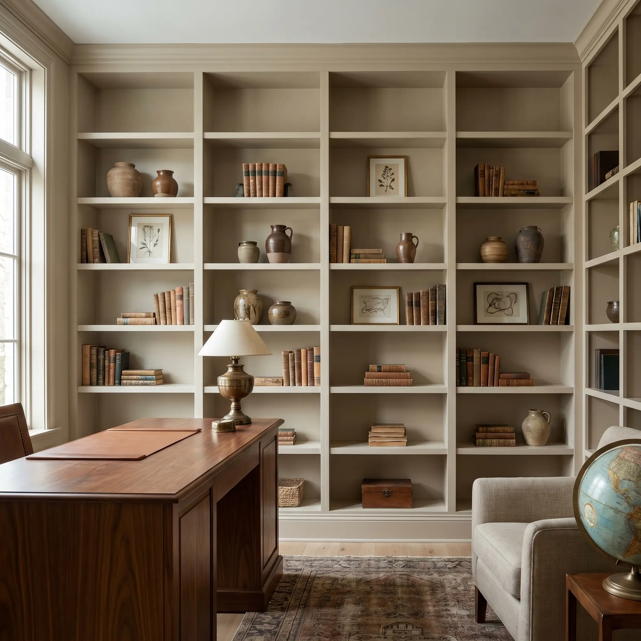 Vintage books, ceramic vases, and small framed art pieces fill floor-to-ceiling built-in bookshelves painted entirely in a monochromatic mid-tone tan.