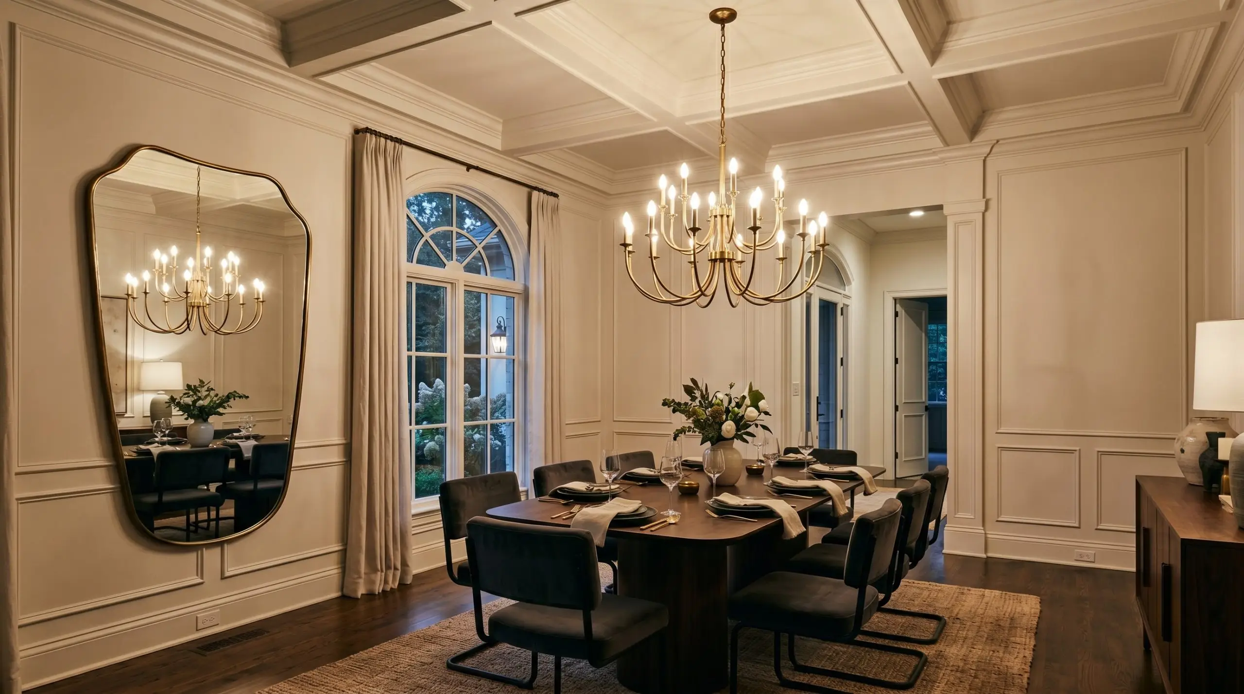 Rich charcoal velvet cantilever chairs surround a sleek pedestal table beneath an oversized sculptural unlacquered brass chandelier in a high-reflectance neutral color-drenched dining room.