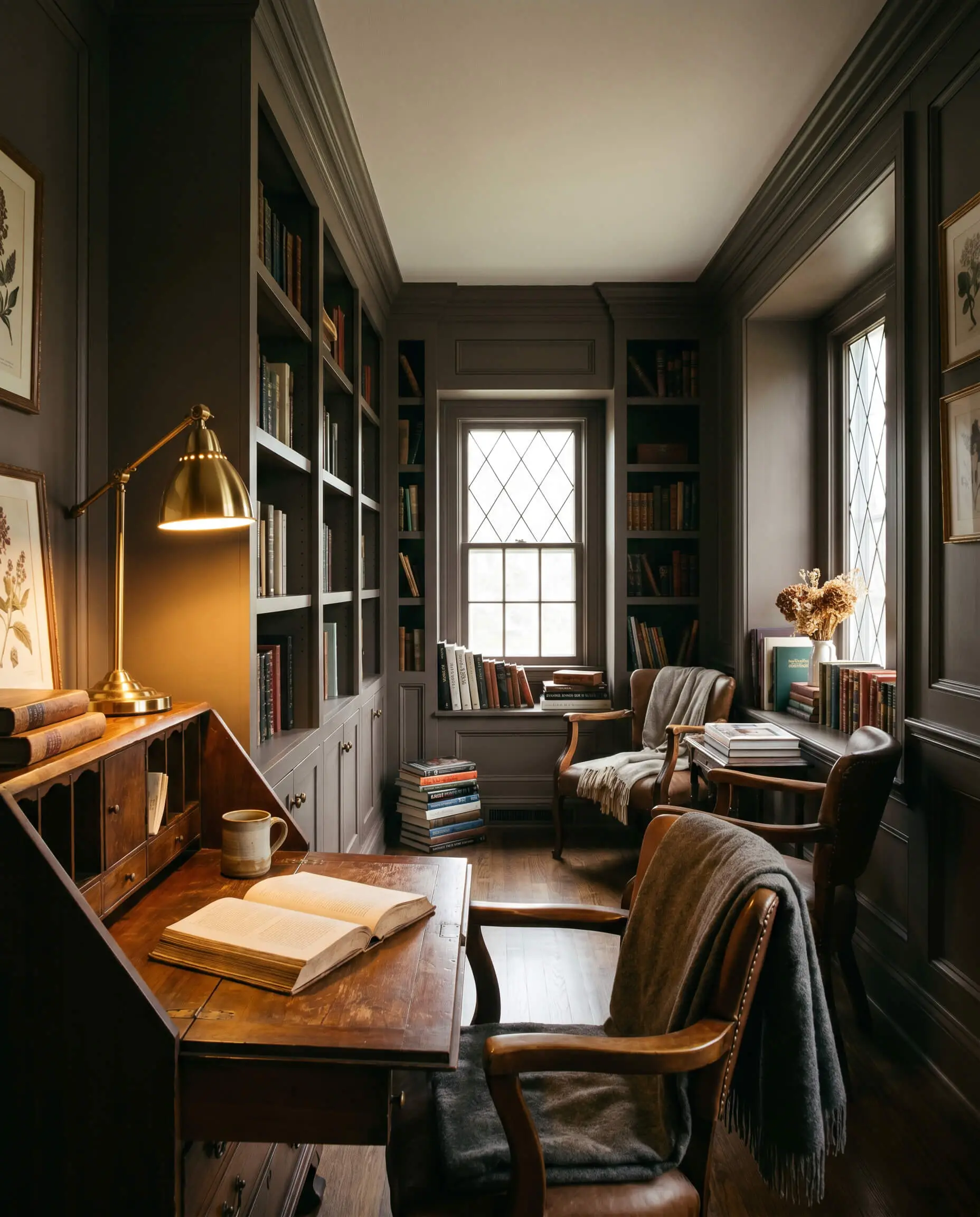 Built-in pine bookshelves, walls, and trim are color-drenched in Behr Wild Truffle (Hex #8b7f76) within a studious home library featuring stacked art books and an antique writing desk.
