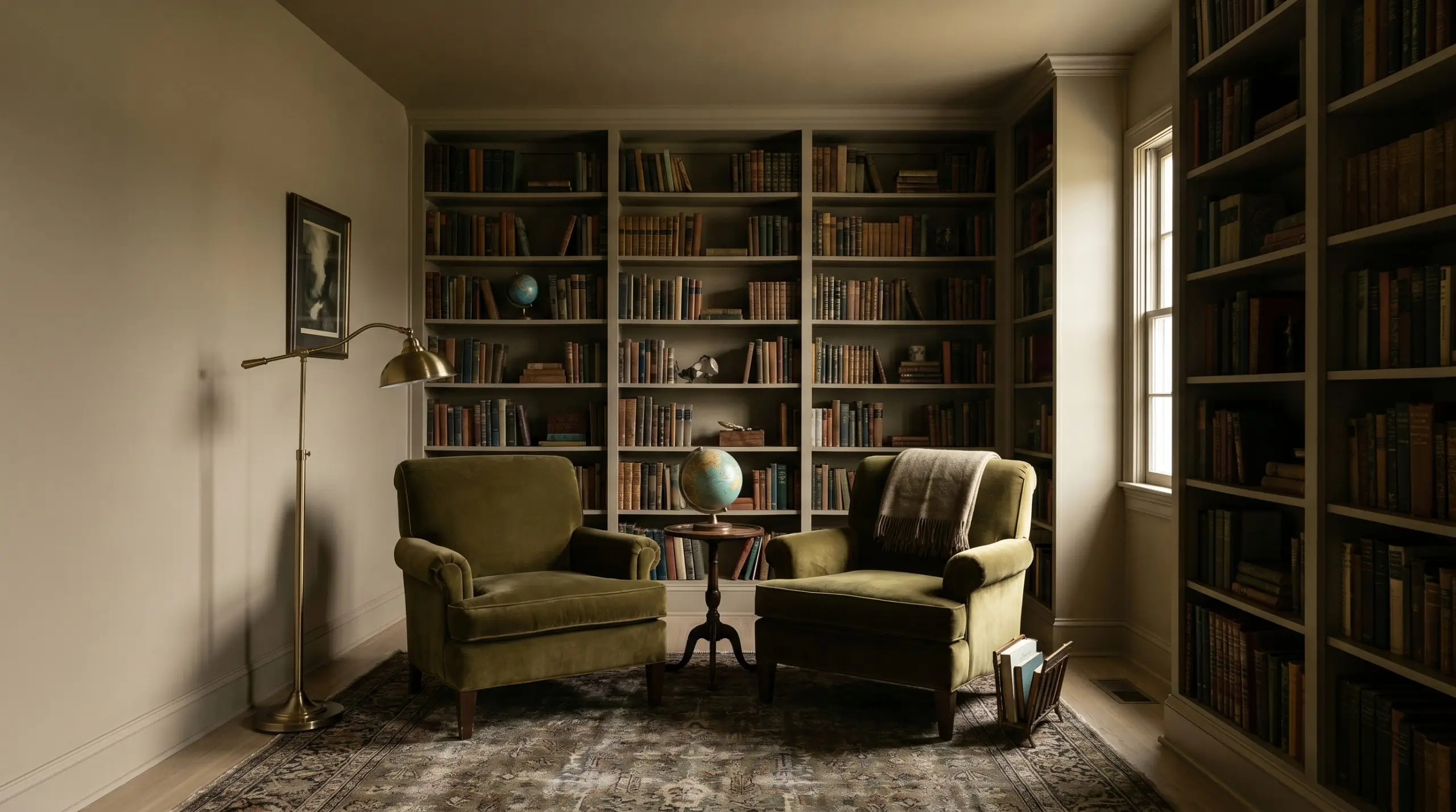 A monochromatic library retreat is entirely color-drenched in Sherwin-Williams Universal Khaki (Hex #B8A992), featuring rich velvet seating and a classic brass reading lamp.
