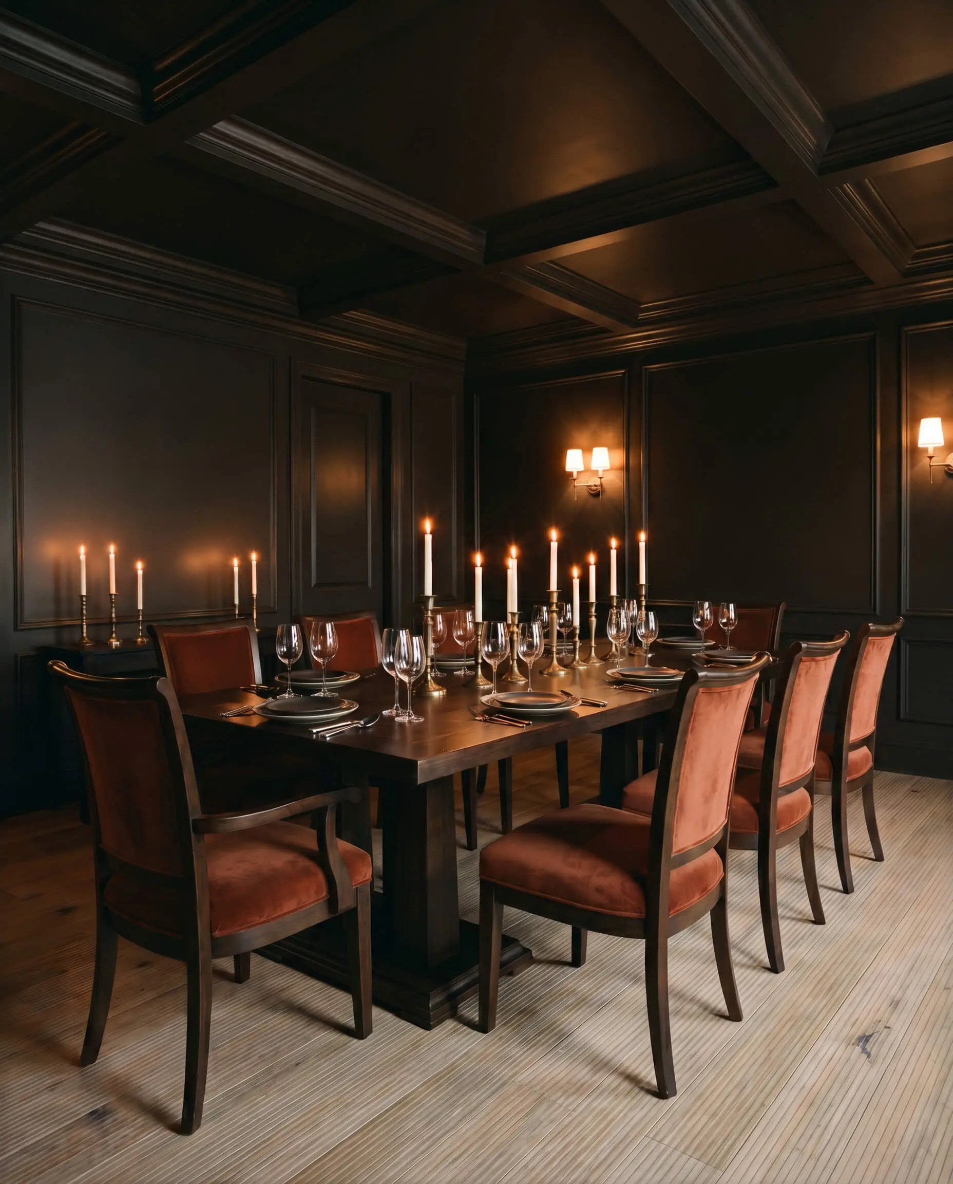 A color-drenched formal dining room painted in Behr Espresso Beans (Hex #4c443e) features heavy rust velvet dining chairs and fluted white oak flooring.