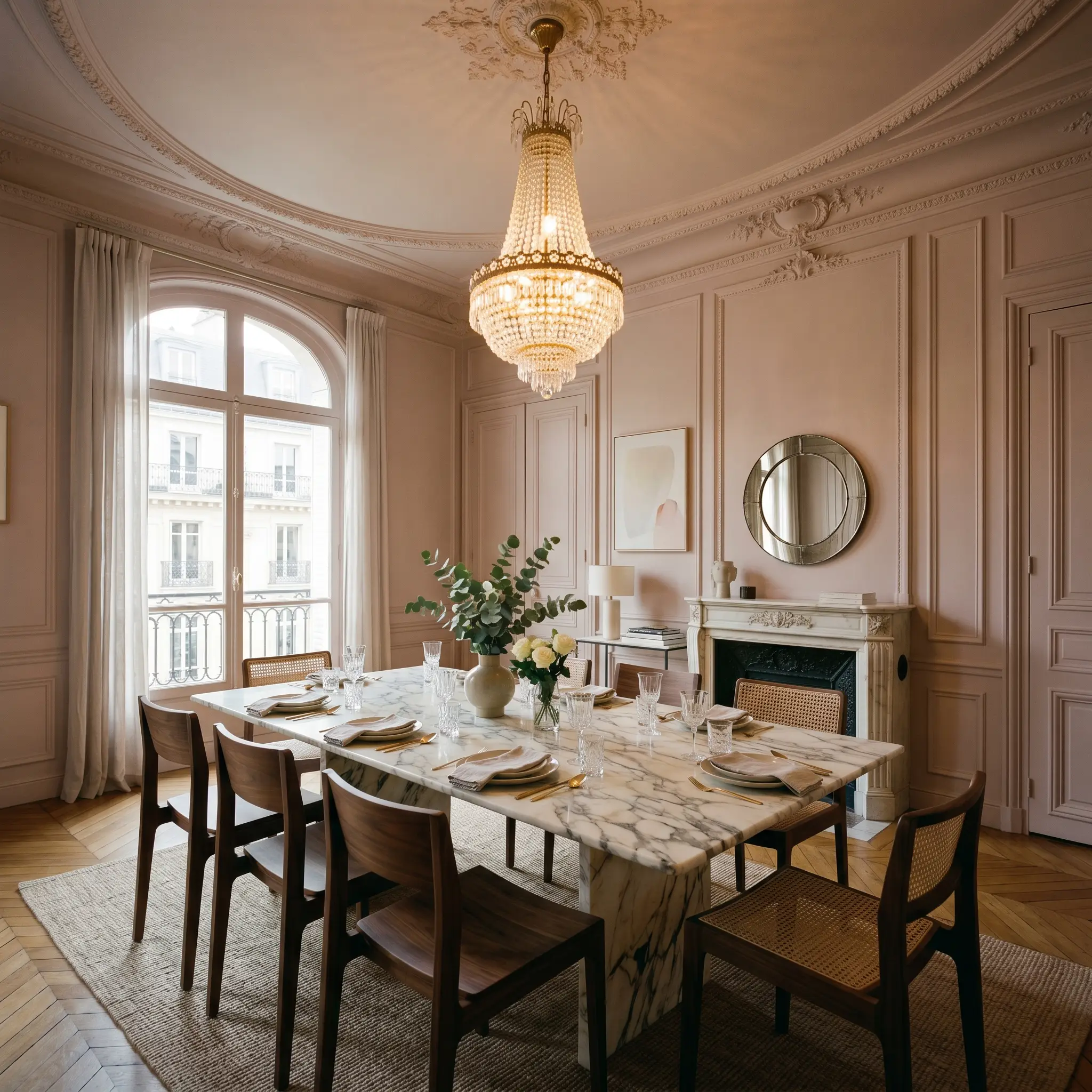 A formal dining room color-drenched entirely in Farrow & Ball Peignoir (Hex #cfc4c0) surrounds a heavily veined marble dining table and rich walnut chairs.