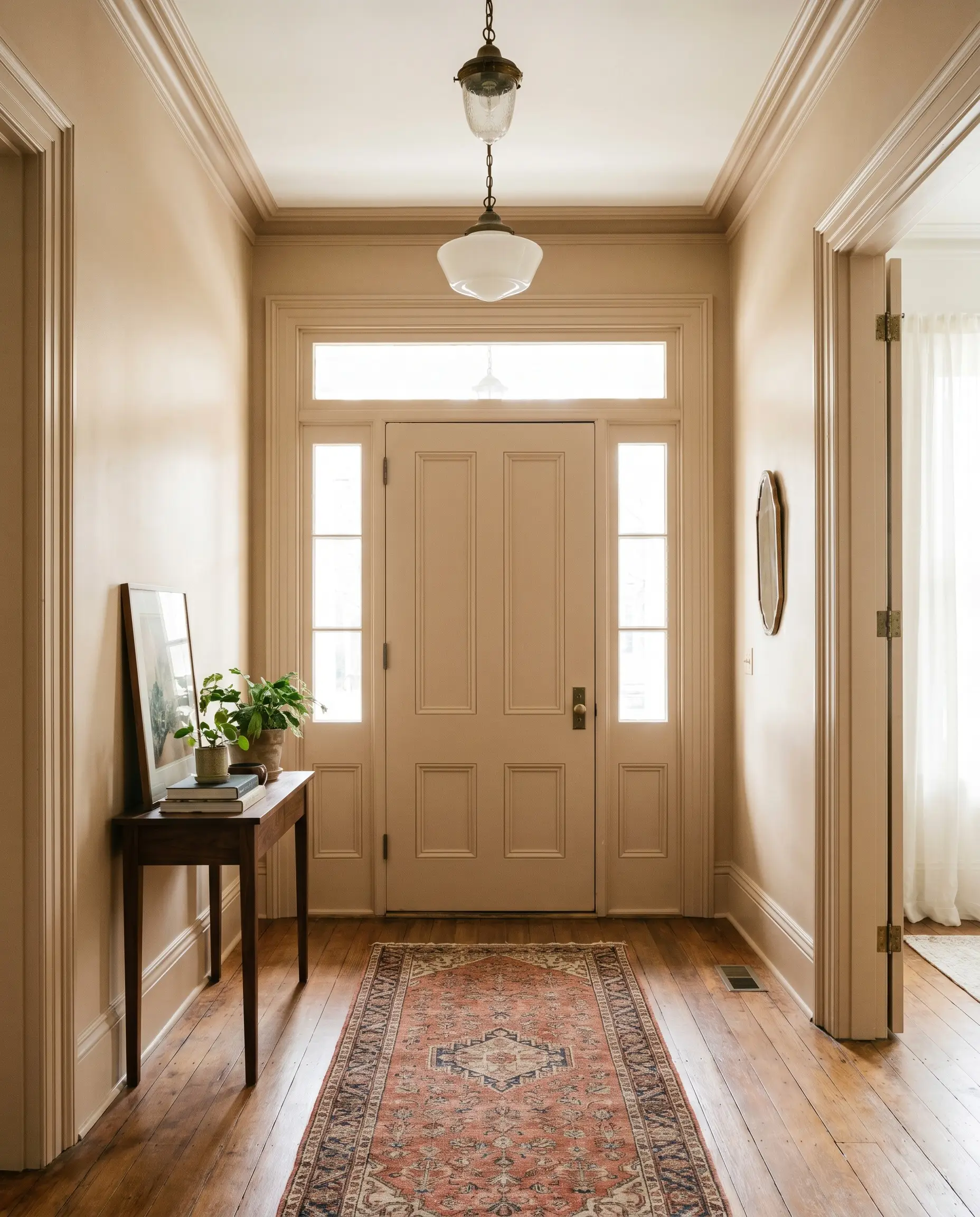 A smoked walnut console table and vintage runner rug furnish a welcoming traditional foyer completely color-drenched in a warm golden-beige hue.