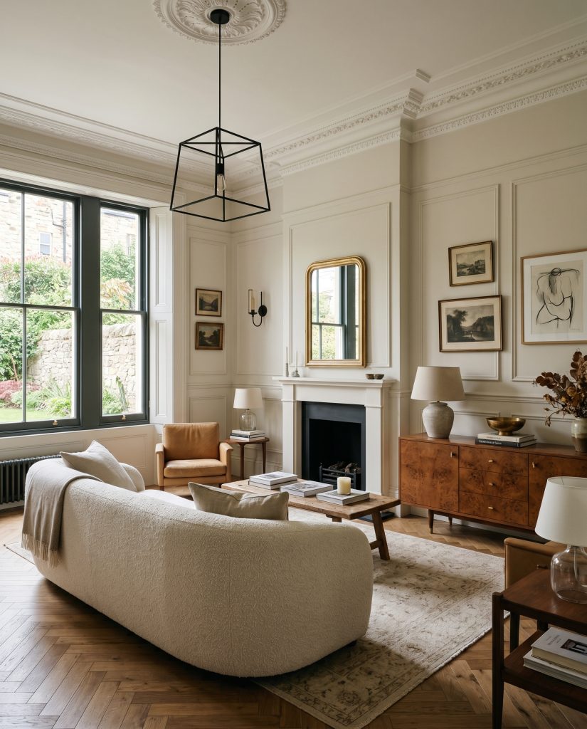 Tall baseboards, intricate wainscoting, and prominent crown molding envelop a heritage living room featuring a low-profile boucle sofa and sleek burl wood credenza.