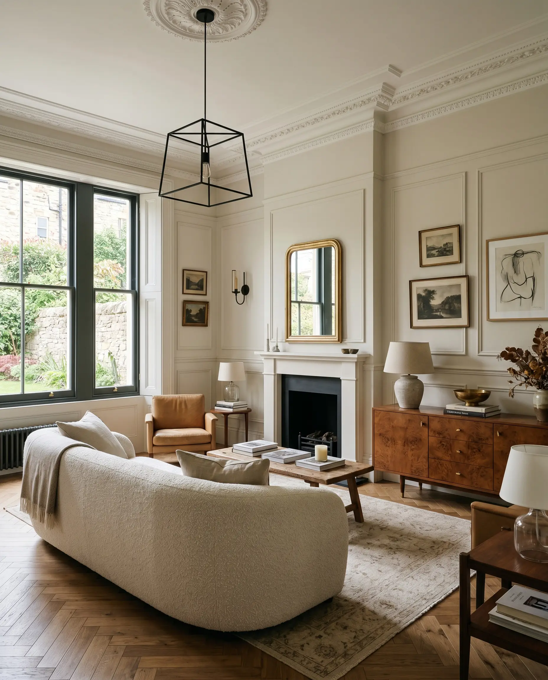 Tall baseboards, intricate wainscoting, and prominent crown molding envelop a heritage living room featuring a low-profile boucle sofa and sleek burl wood credenza.