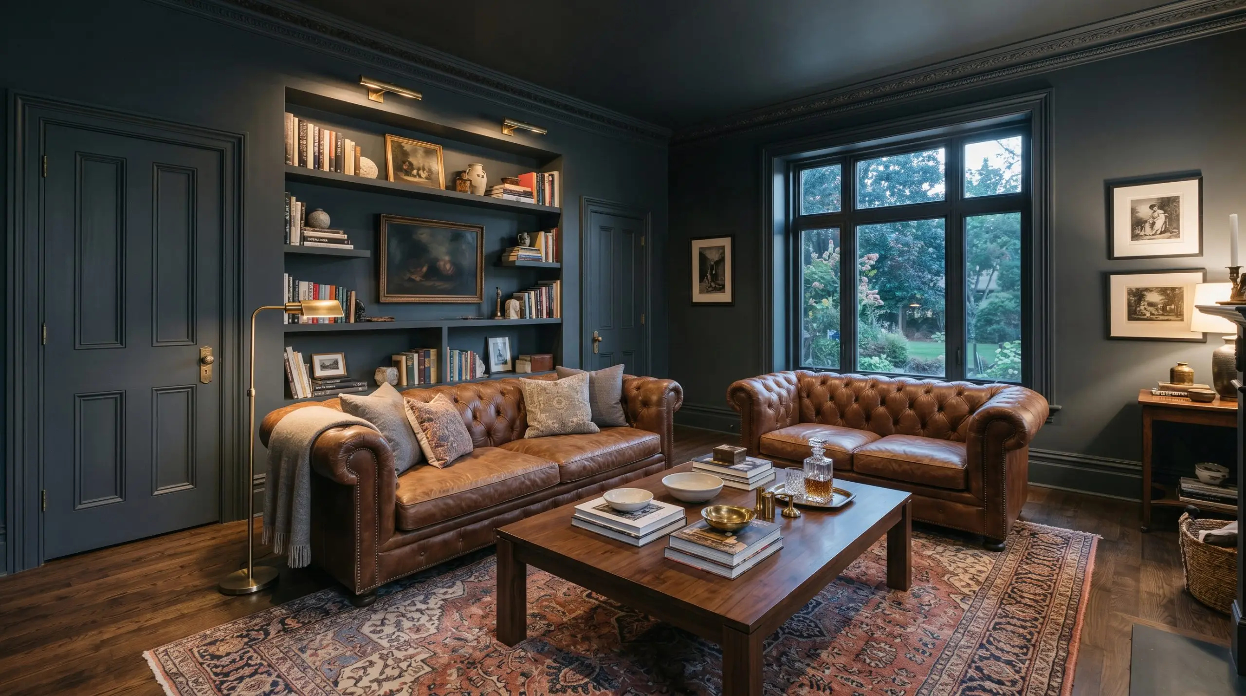 Tufted leather sofas and a vintage Persian rug in muted reds and blues anchor a classic heritage lounge entirely color-drenched in dark millwork and walls.