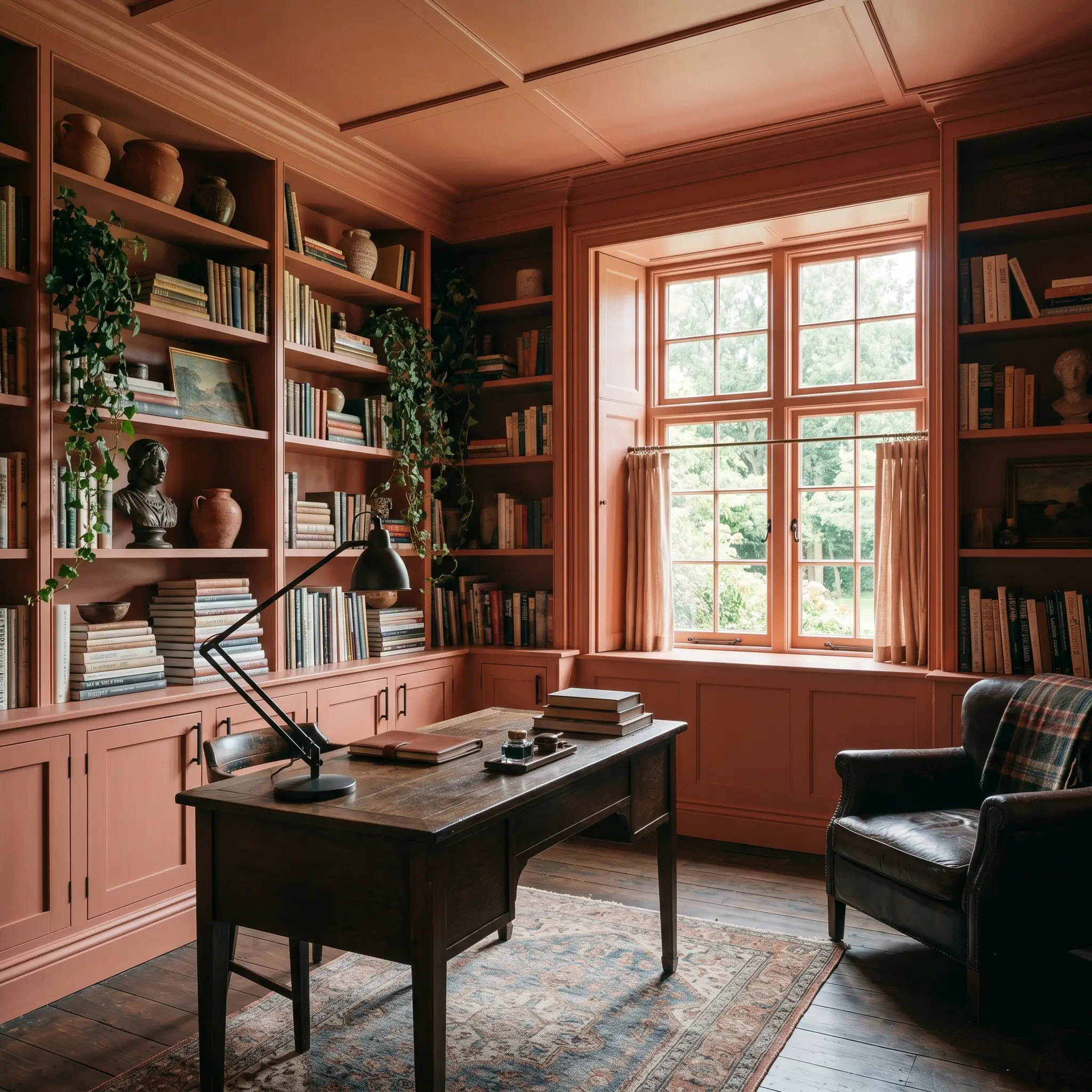 Built-in bookcases filled with art books and sculptural ceramics line a heritage revival home library color-drenched in Benjamin Moore Rosy Peach (Hex #B55E4F).